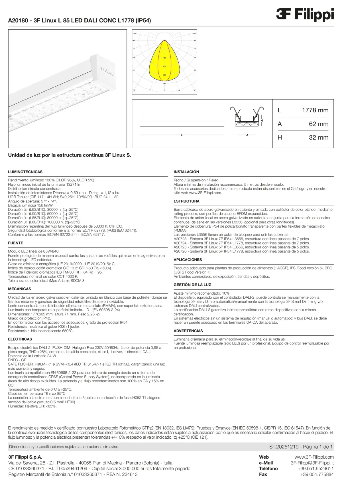 A20180 - 3F Linux L 85 LED DALI CONC L1778 (IP54) - Datasheet - es