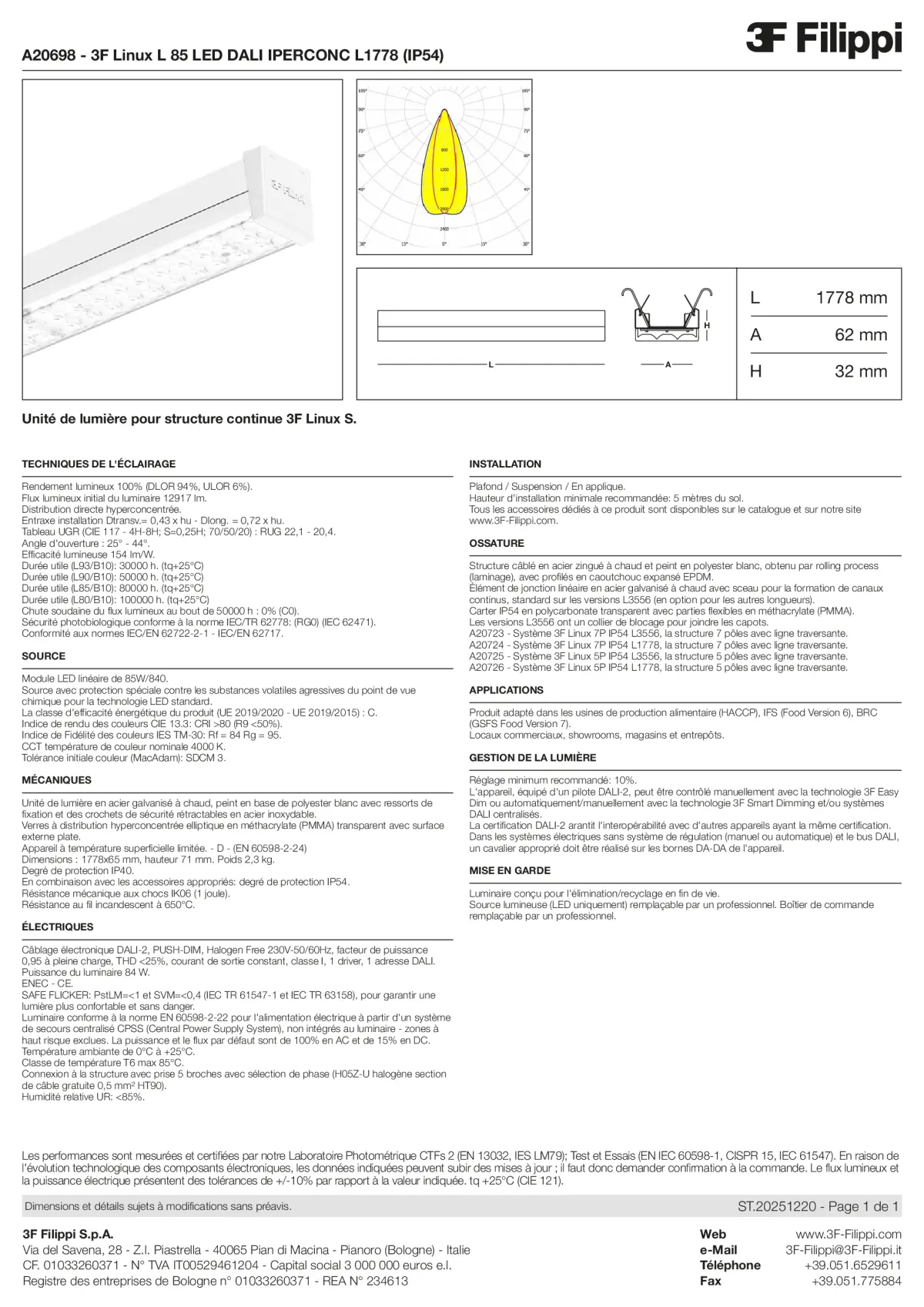 A20698 - 3F Linux L 85 LED DALI IPERCONC L1778 (IP54) - Datasheet - fr