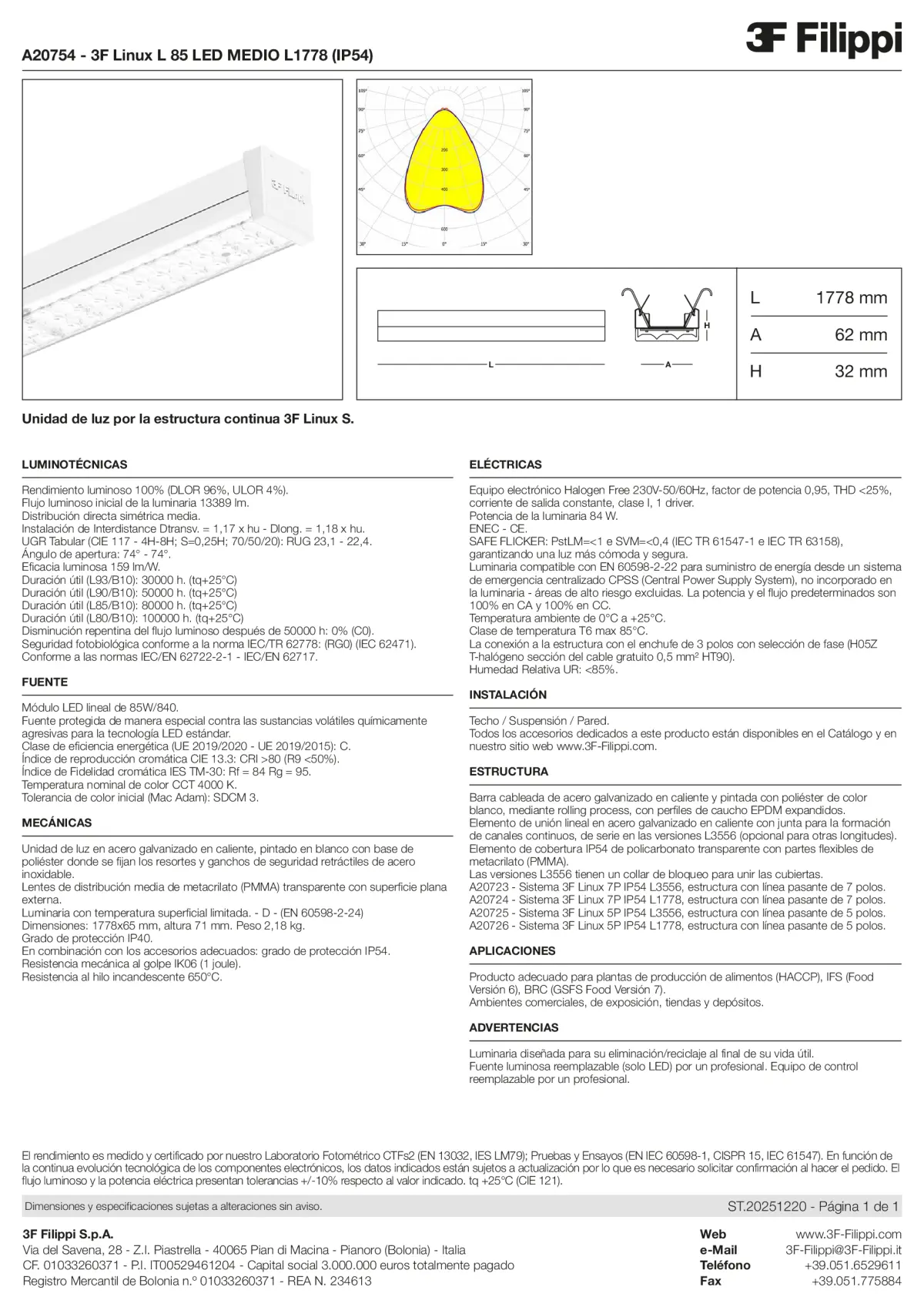 A20754 - 3F Linux L 85 LED MEDIO L1778 (IP54) - Datasheet - es