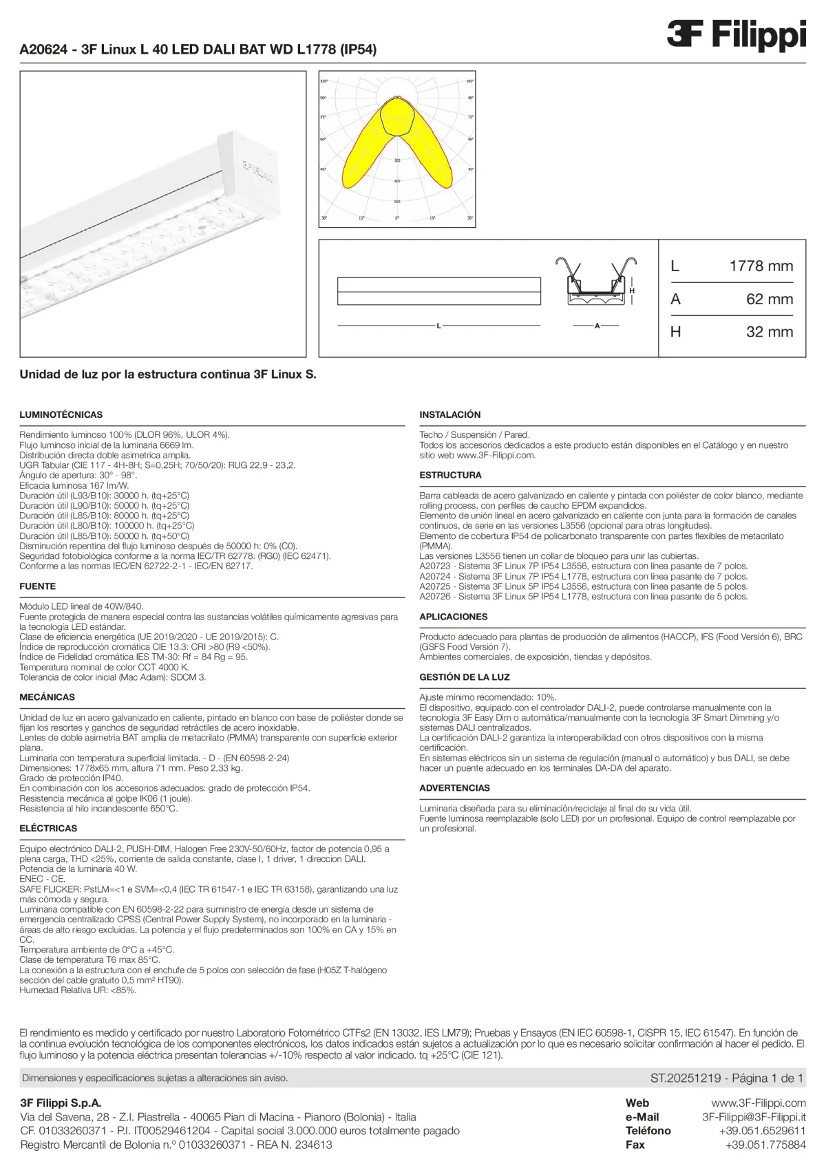 A20624 - 3F Linux L 40 LED DALI BAT WD L1778 (IP54) - Datasheet - es
