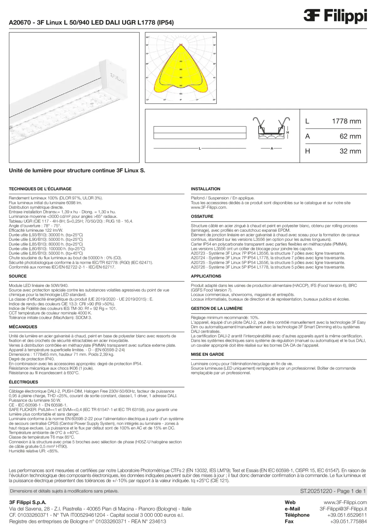 A20670 - 3F Linux L 50-940 LED DALI UGR L1778 (IP54) - Datasheet - fr
