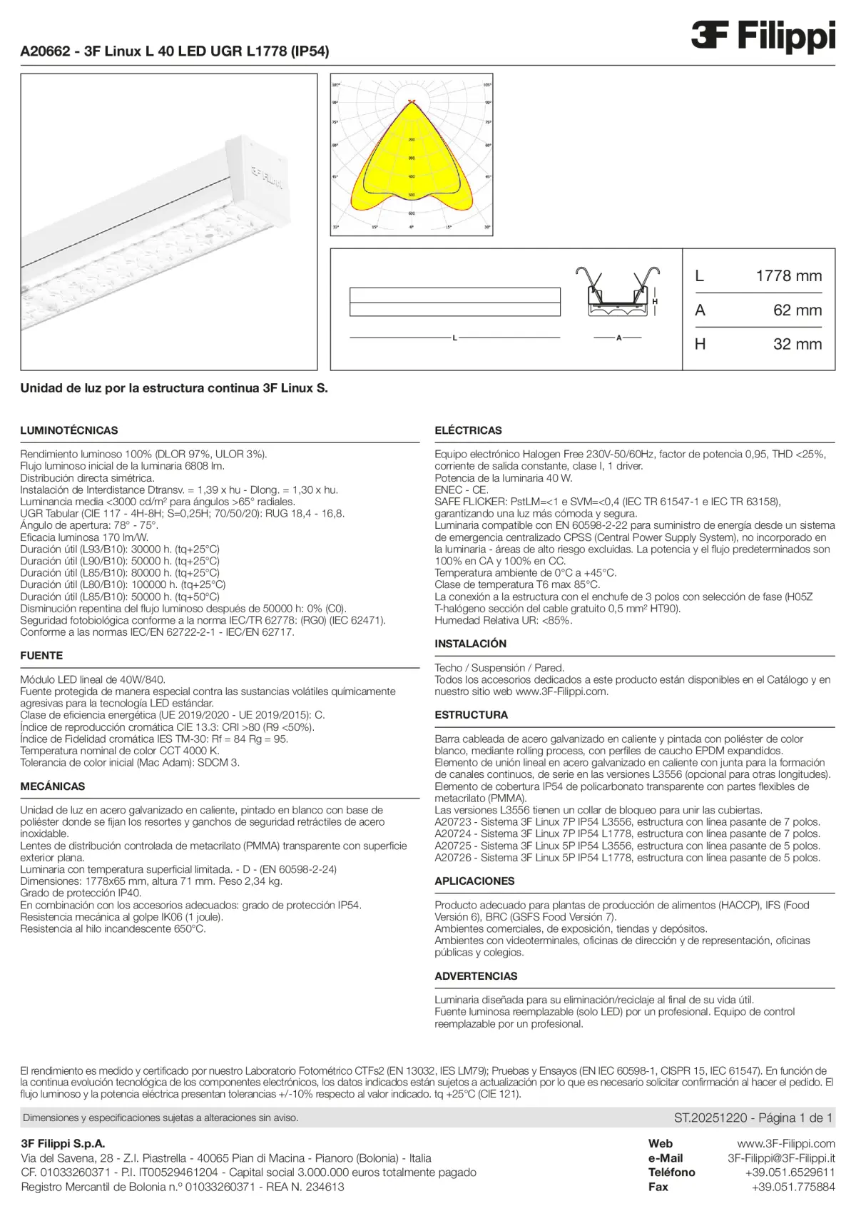 A20662 - 3F Linux L 40 LED UGR L1778 (IP54) - Datasheet - es