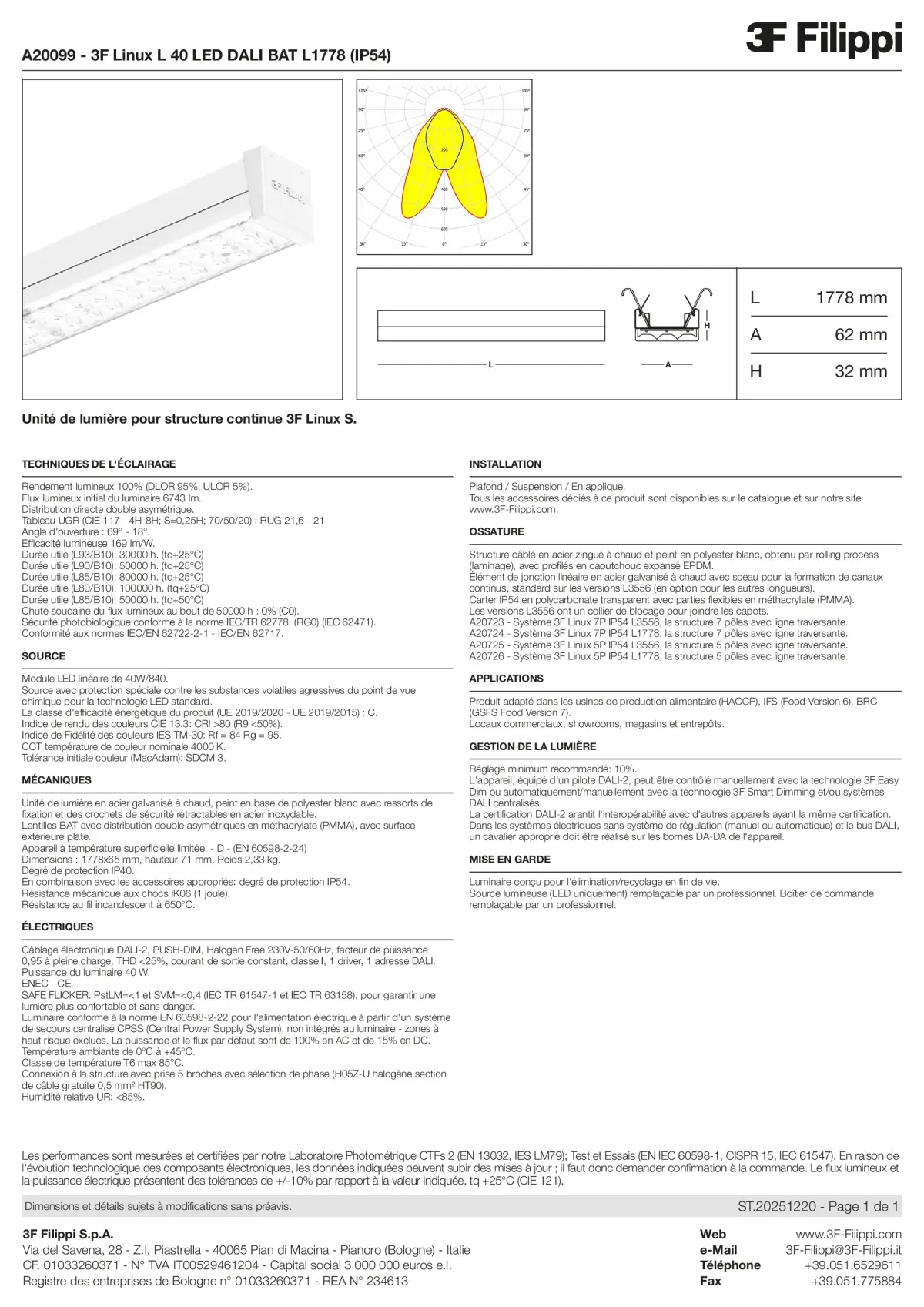 A20099 - 3F Linux L 40 LED DALI BAT L1778 (IP54) - Datasheet - fr