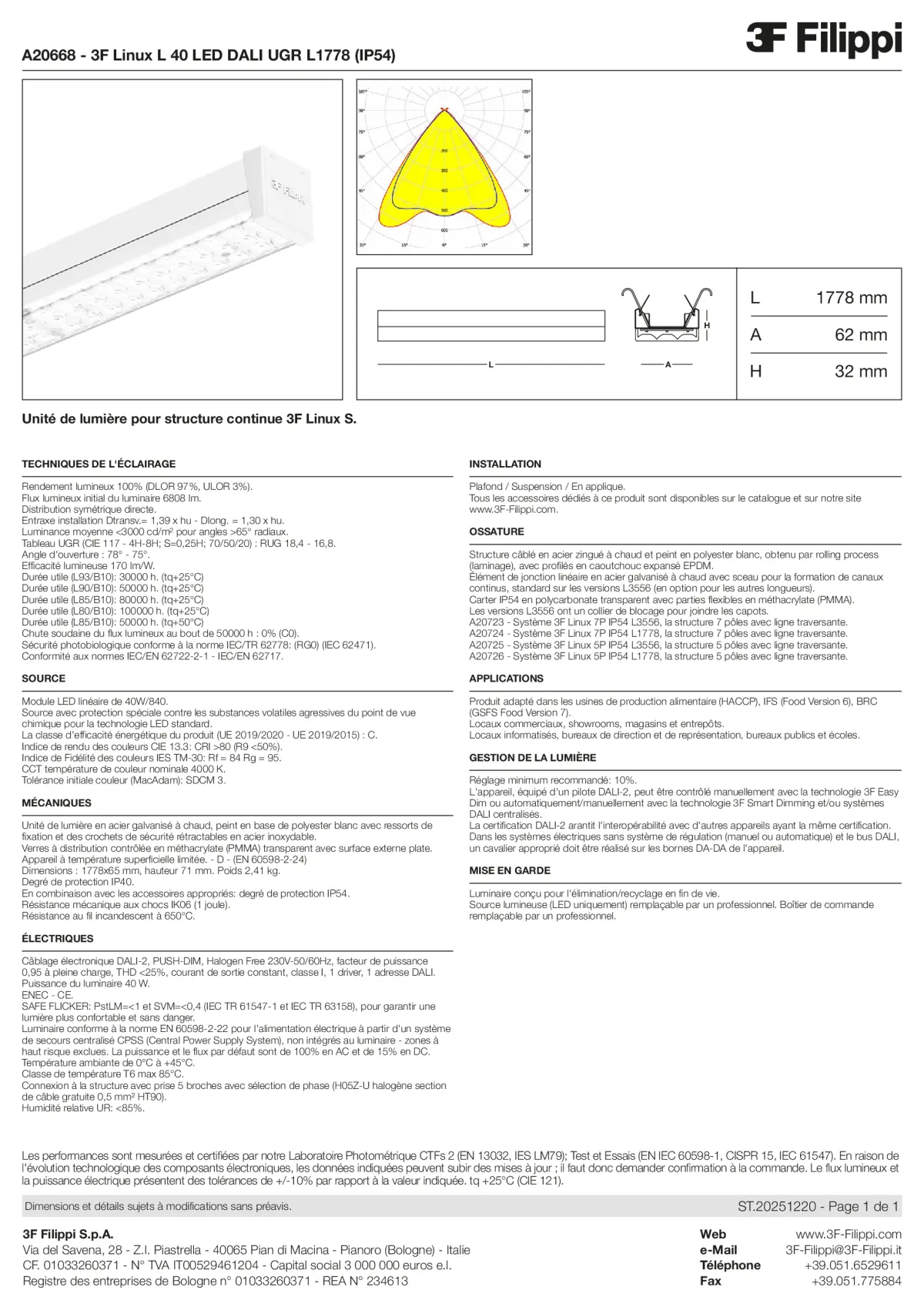 A20668 - 3F Linux L 40 LED DALI UGR L1778 (IP54) - Datasheet - fr