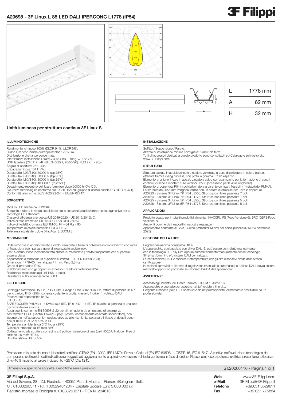 A20698 - 3F Linux L 85 LED DALI IPERCONC L1778 (IP54) - Datasheet - it