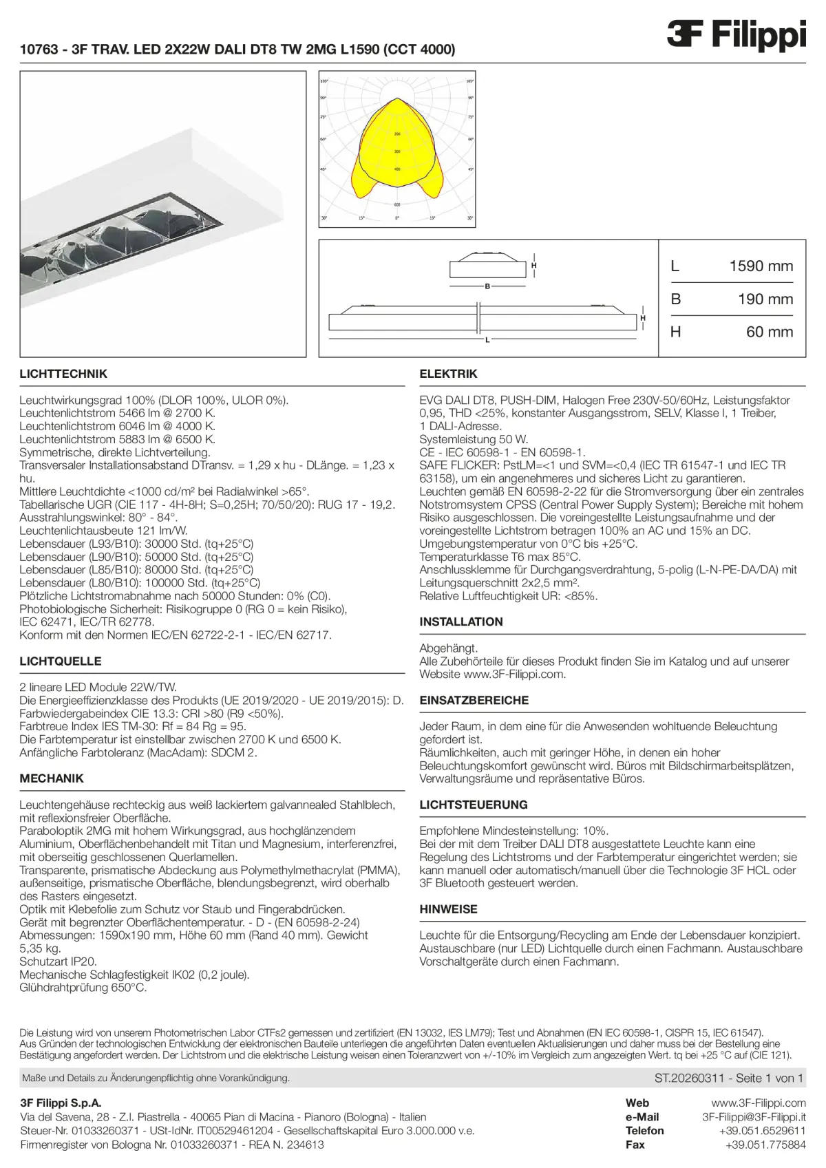 10763 - 3F TRAV. LED 2X22W DALI DT8 TW 2MG L1590 (CCT 4000) - Datasheet - de