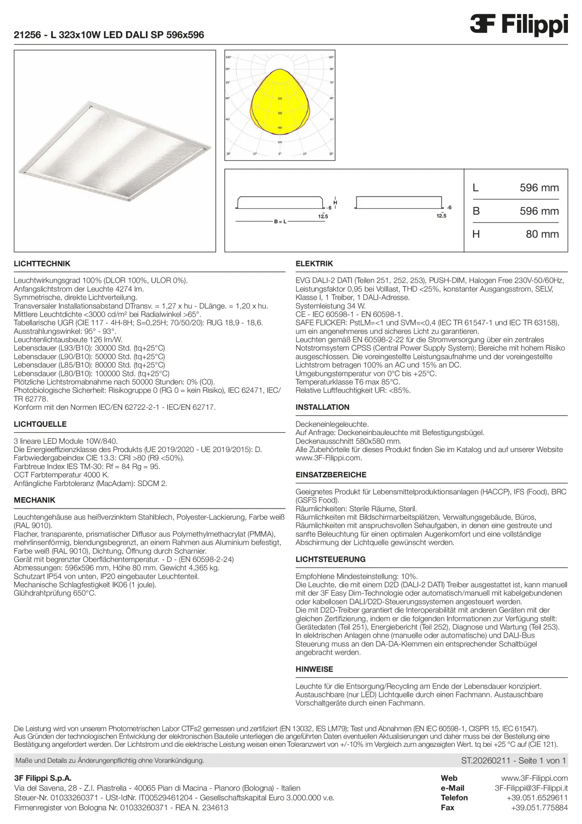 21256 - L 323x10W LED DALI SP 596x596 - Datasheet - de