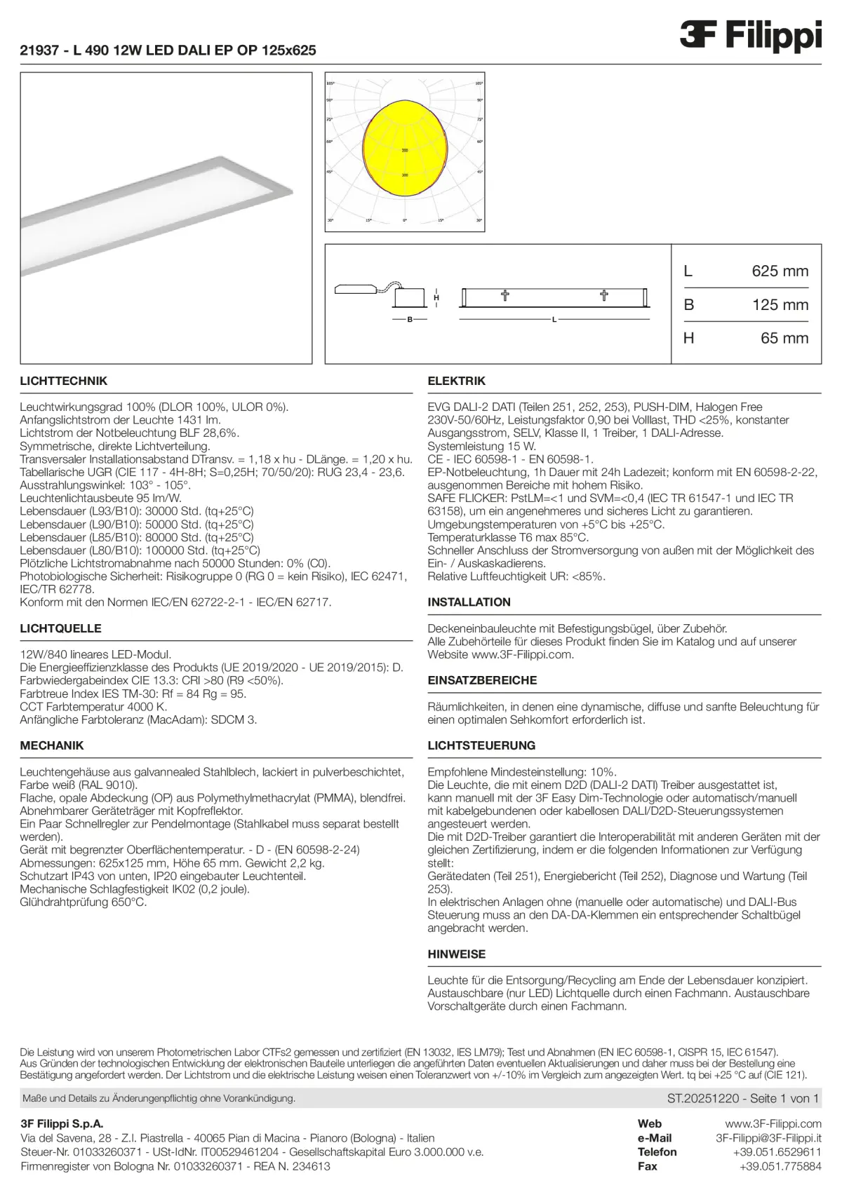 21937 - L 490 12W LED DALI EP OP 125x625 - Datasheet - de