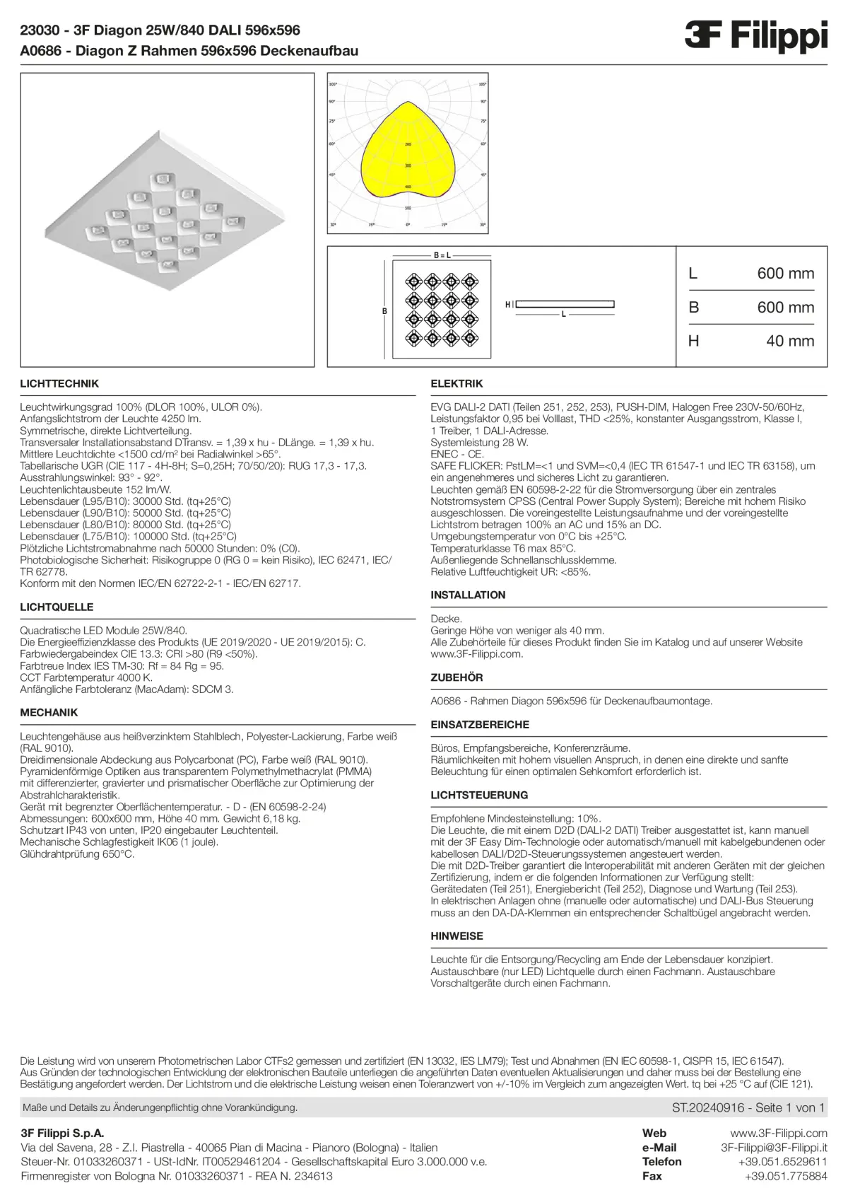 23030+A0686 - 3F Diagon 25W-840 DALI 596x596 + Corn.plaf. - Datasheet - de