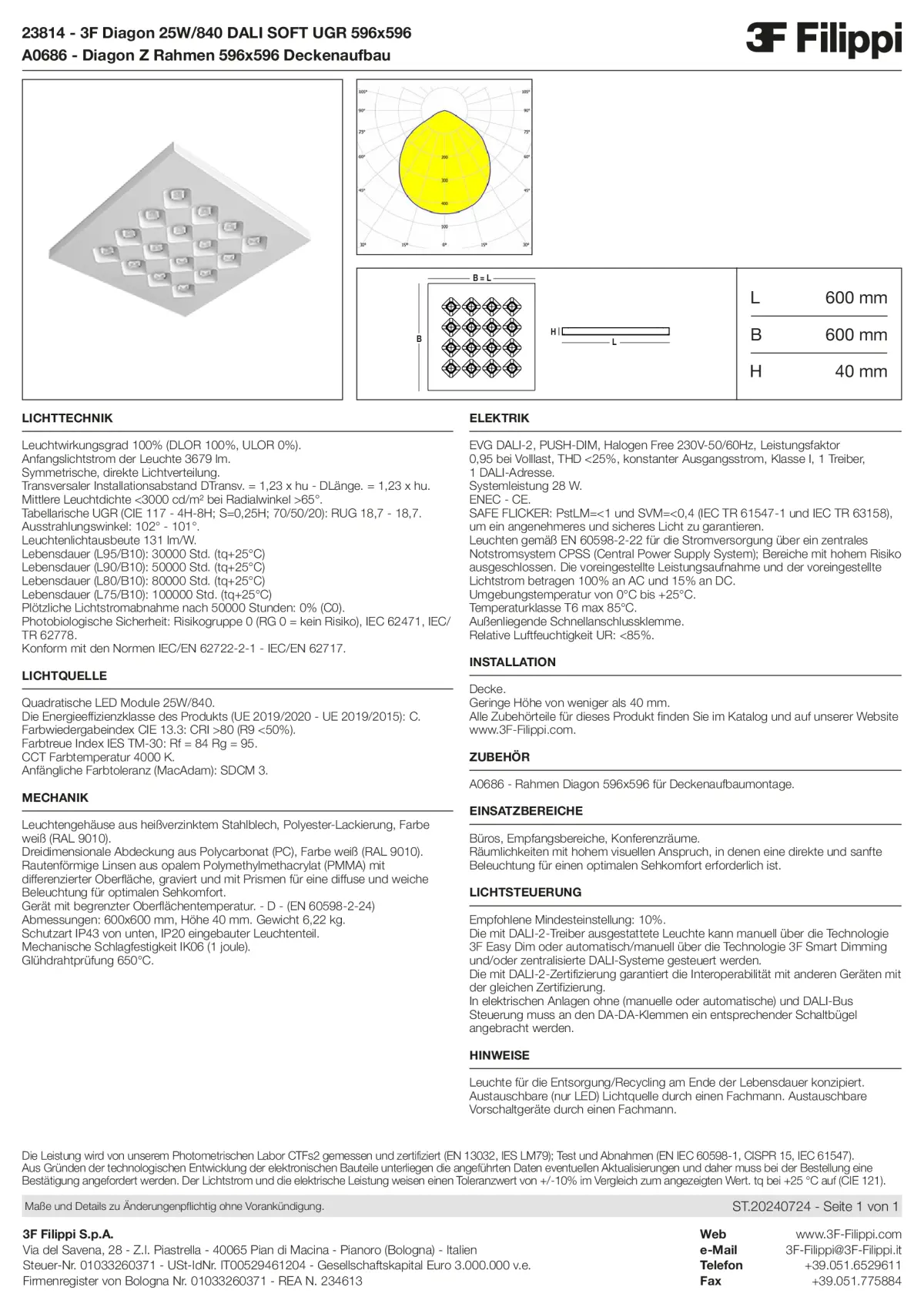 23814+A0686 - 3F Diagon 25W-840 DALI SOFT UGR 596x596 + Corn.plaf. - Datasheet - de