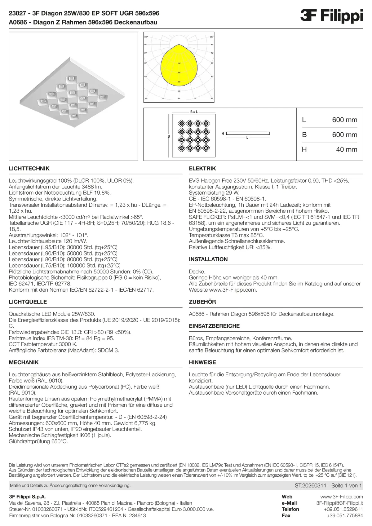 23827+A0686 - 3F Diagon 25W-830 EP SOFT UGR 596x596 + Corn.plaf. - Datasheet - de