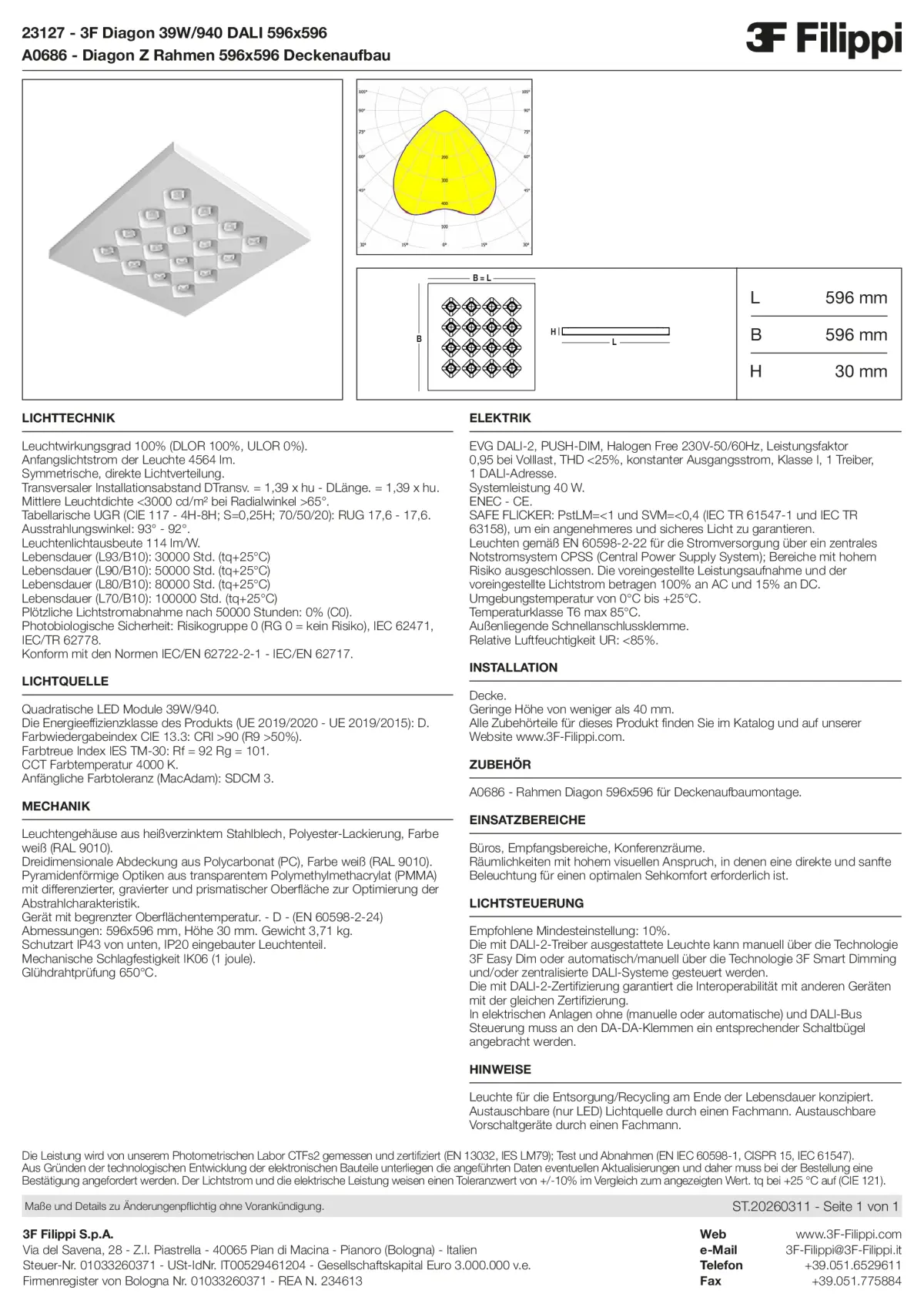 23127+A0686 - 3F Diagon 39W-940 DALI 596x596 + Corn.plaf. - Datasheet - de