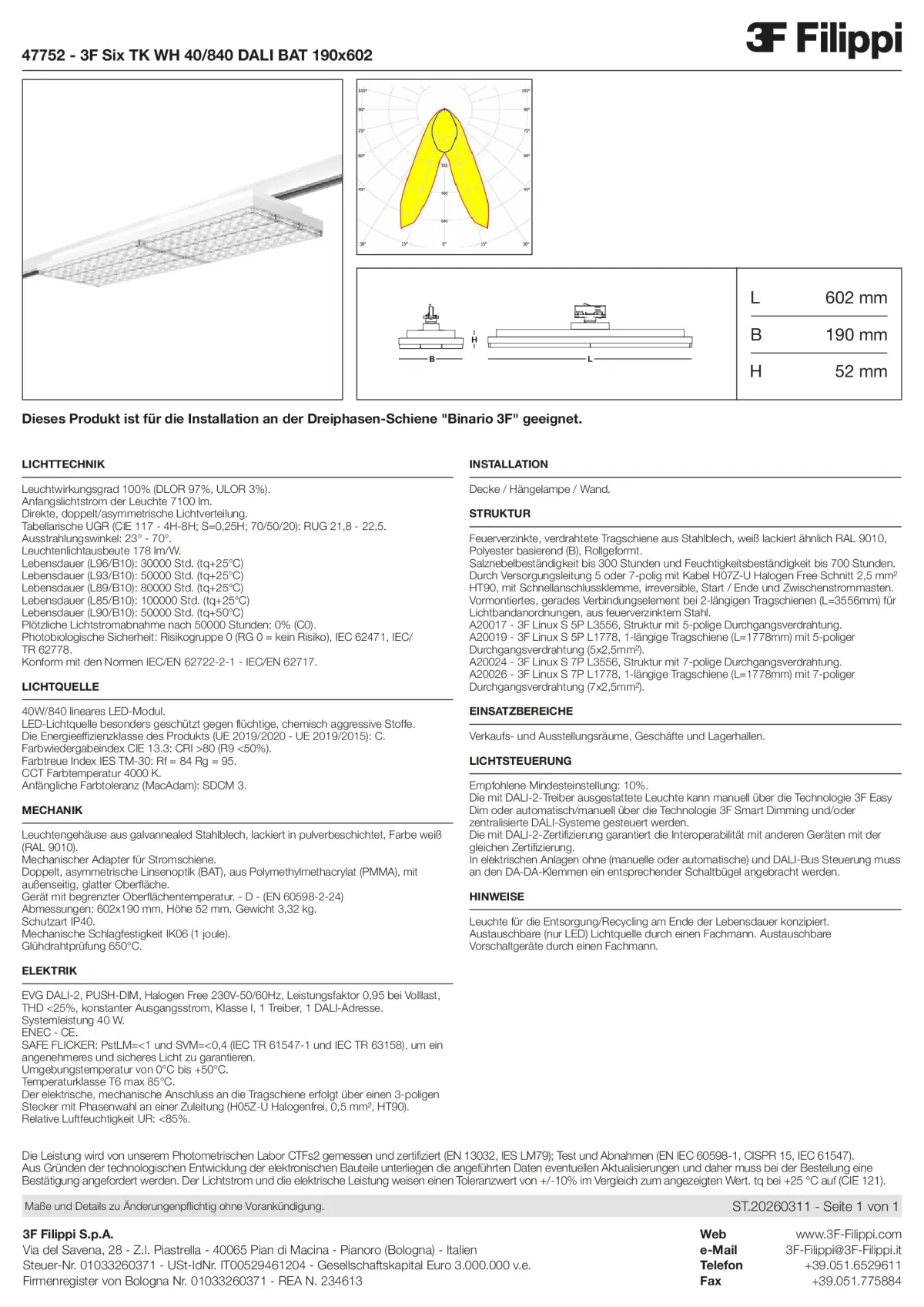 47752 - 3F Six TK WH 40-840 DALI BAT 190x602 - Datasheet - de