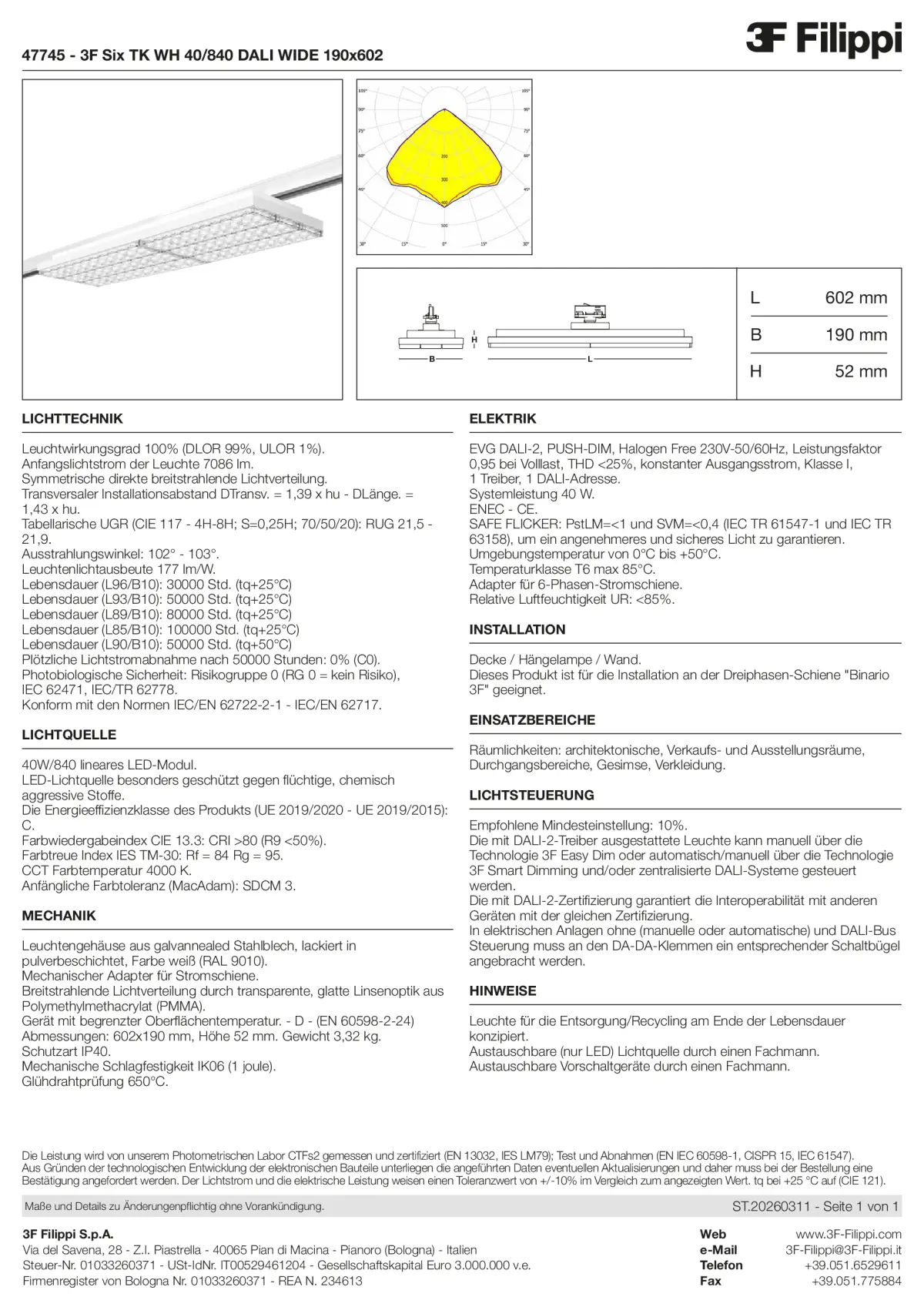 47745 - 3F Six TK WH 40-840 DALI WIDE 190x602 - Datasheet - de