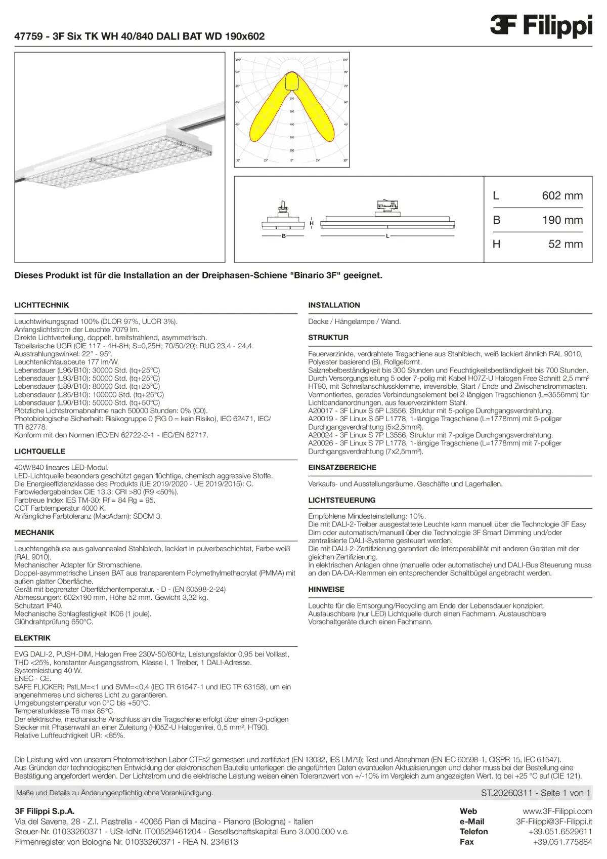 47759 - 3F Six TK WH 40-840 DALI BAT WD 190x602 - Datasheet - de