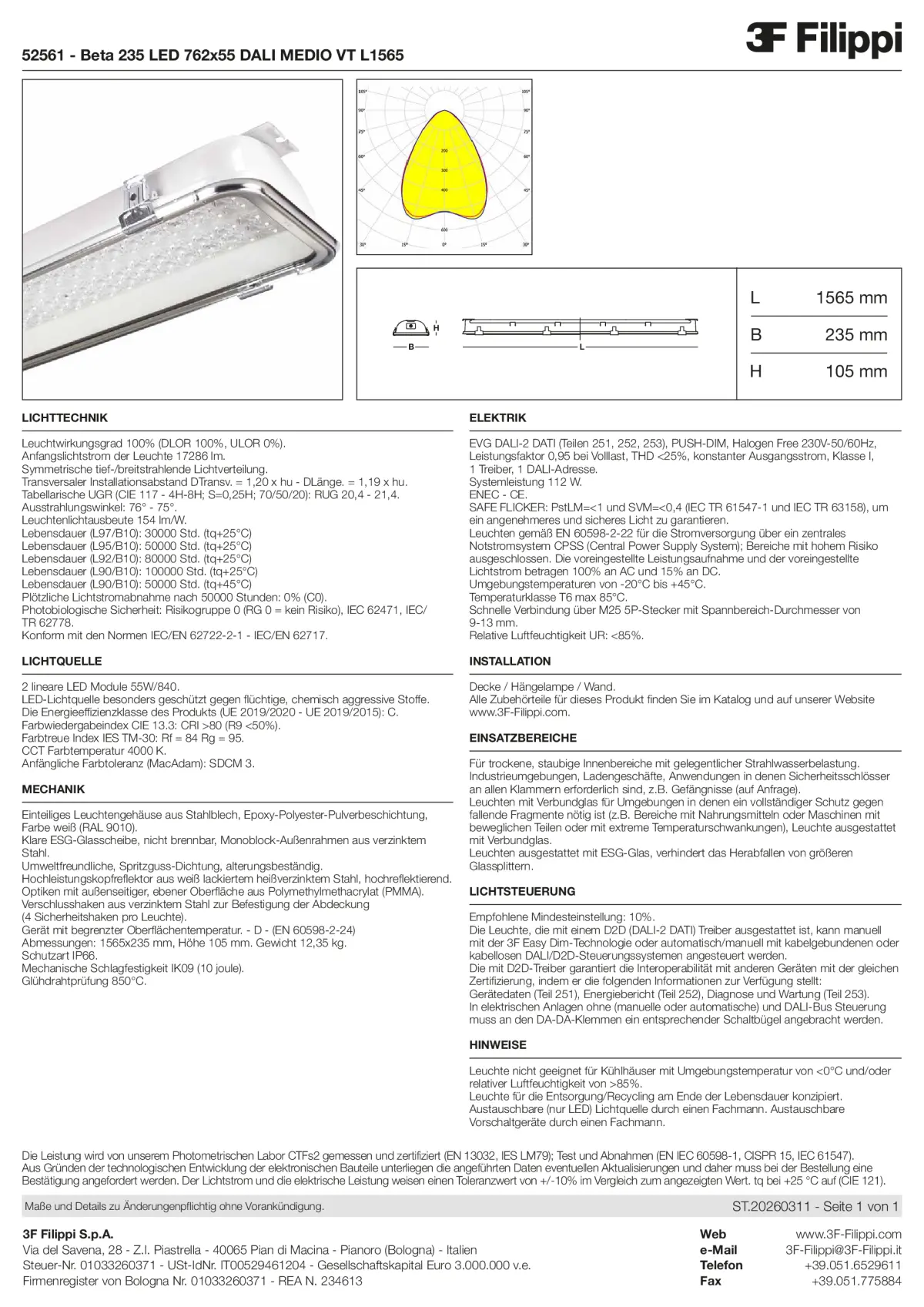 52561 - Beta 235 LED 762x55 DALI MEDIO VT L1565 - Datasheet - de