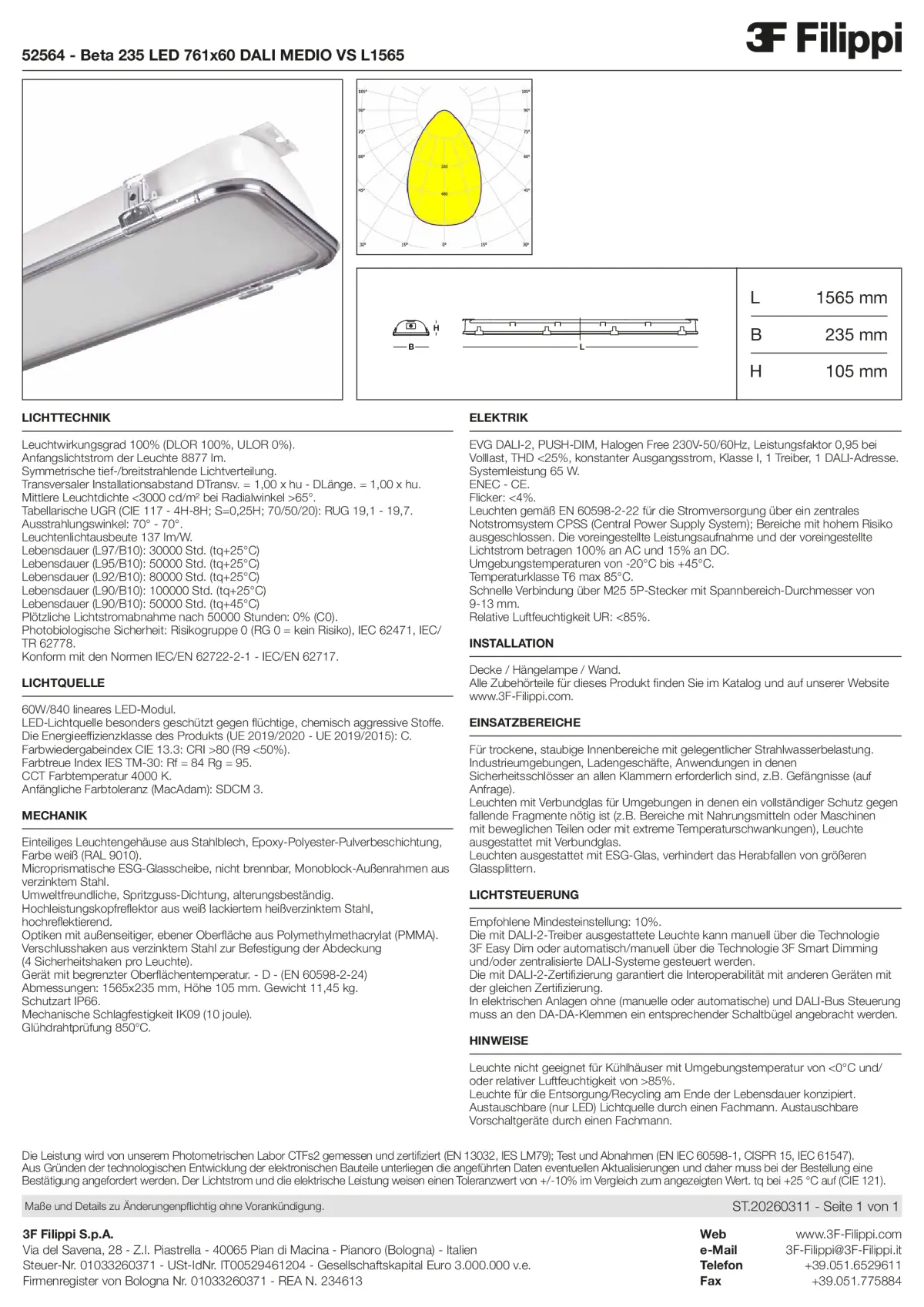 52564 - Beta 235 LED 761x60 DALI MEDIO VS L1565 - Datasheet - de