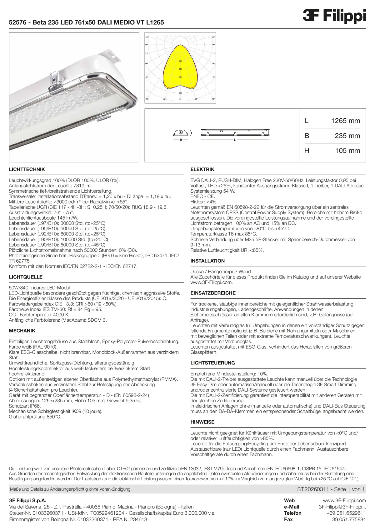 52576 - Beta 235 LED 761x50 DALI MEDIO VT L1265 - Datasheet - de