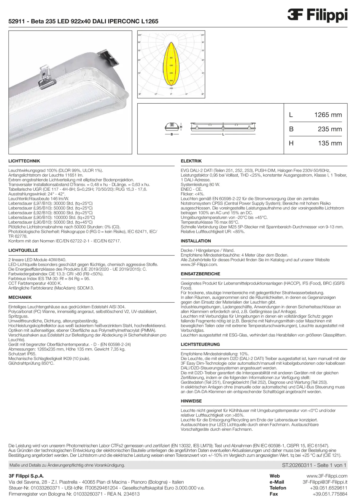 52911 - Beta 235 LED 922x40 DALI IPERCONC L1265 - Datasheet - de