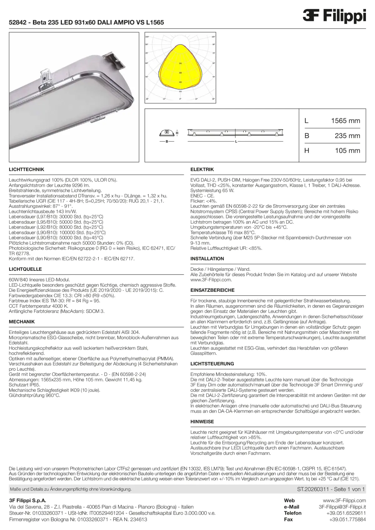 52842 - Beta 235 LED 931x60 DALI AMPIO VS L1565 - Datasheet - de