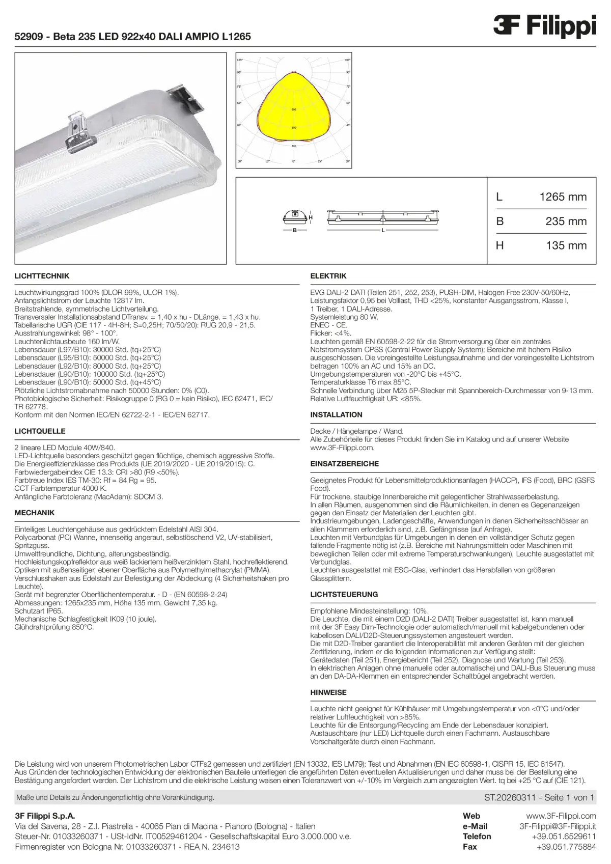 52909 - Beta 235 LED 922x40 DALI AMPIO L1265 - Datasheet - de