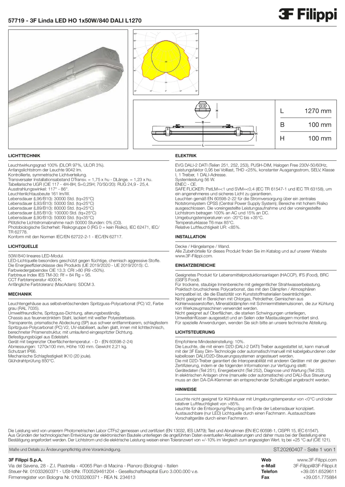 57719 - 3F Linda LED HO 1x50W-840 DALI L1270 - Datasheet - de