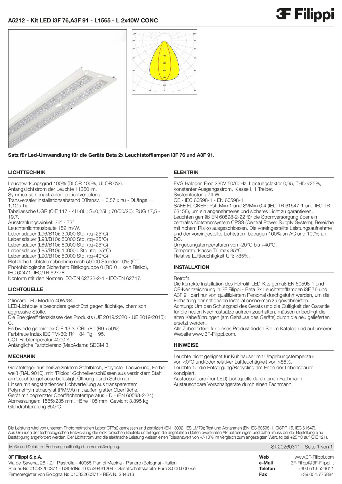 A5212 - Kit LED i3F 76,A3F 91 - L1565 - L 2x40W CONC - Datasheet - de