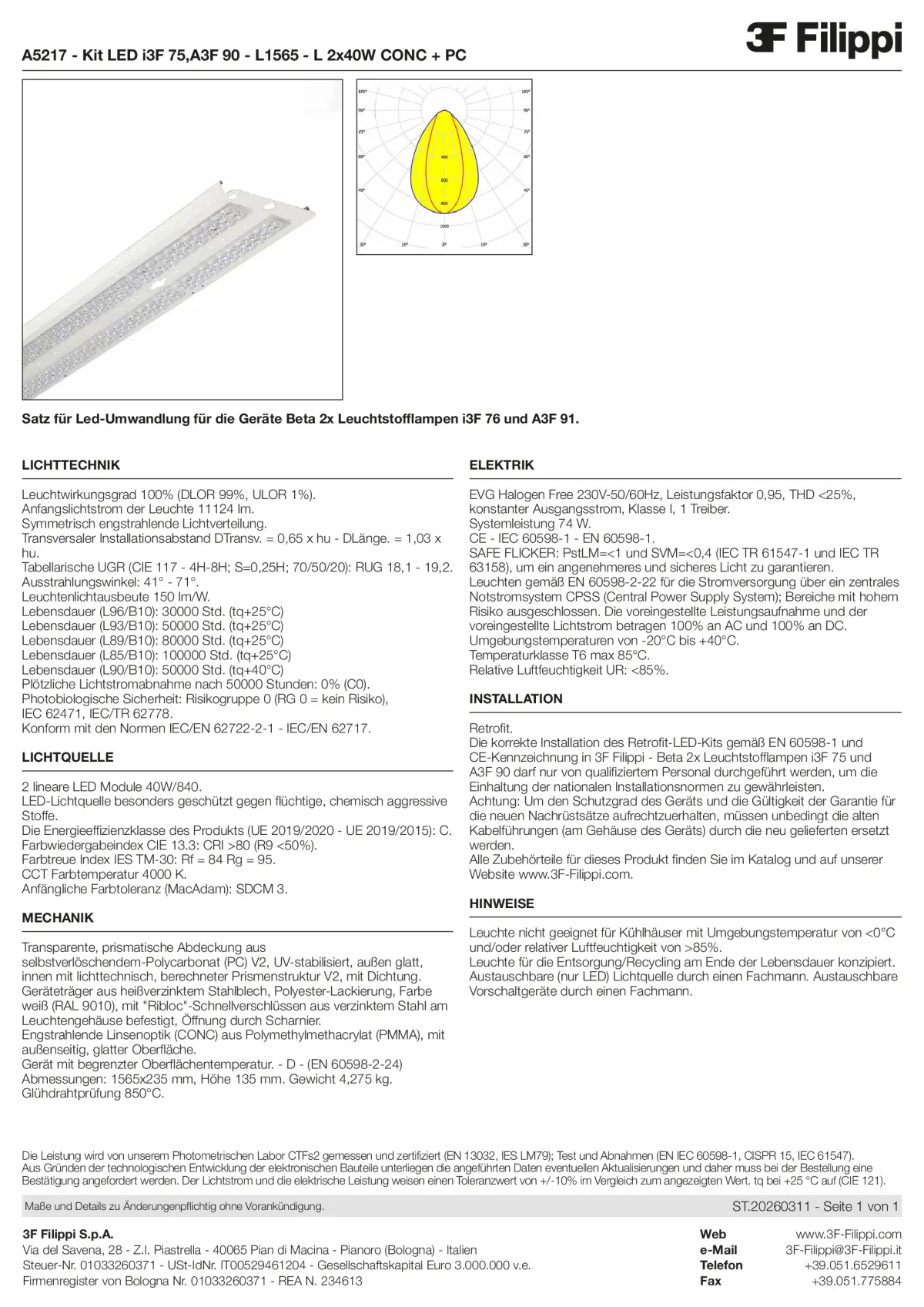 A5217 - Kit LED i3F 75,A3F 90 - L1565 - L 2x40W CONC + PC - Datasheet - de