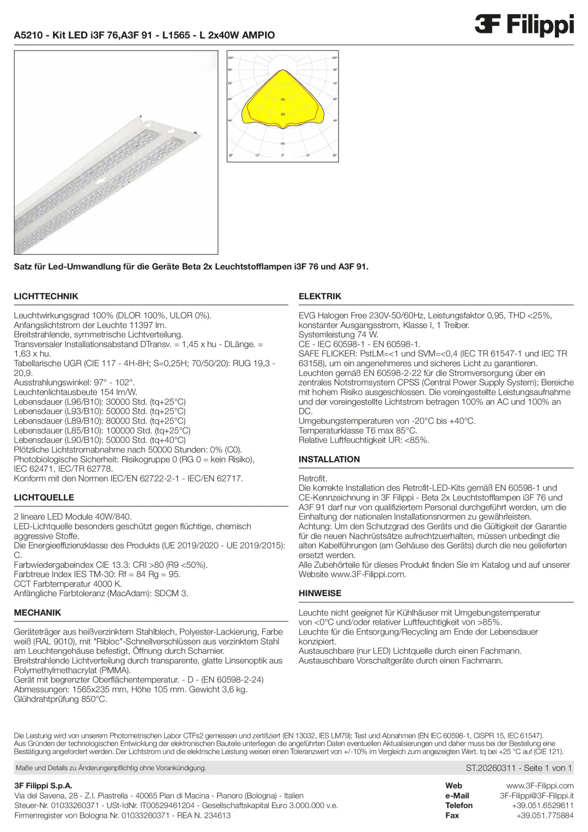 A5210 - Kit LED i3F 76,A3F 91 - L1565 - L 2x40W AMPIO - Datasheet - de