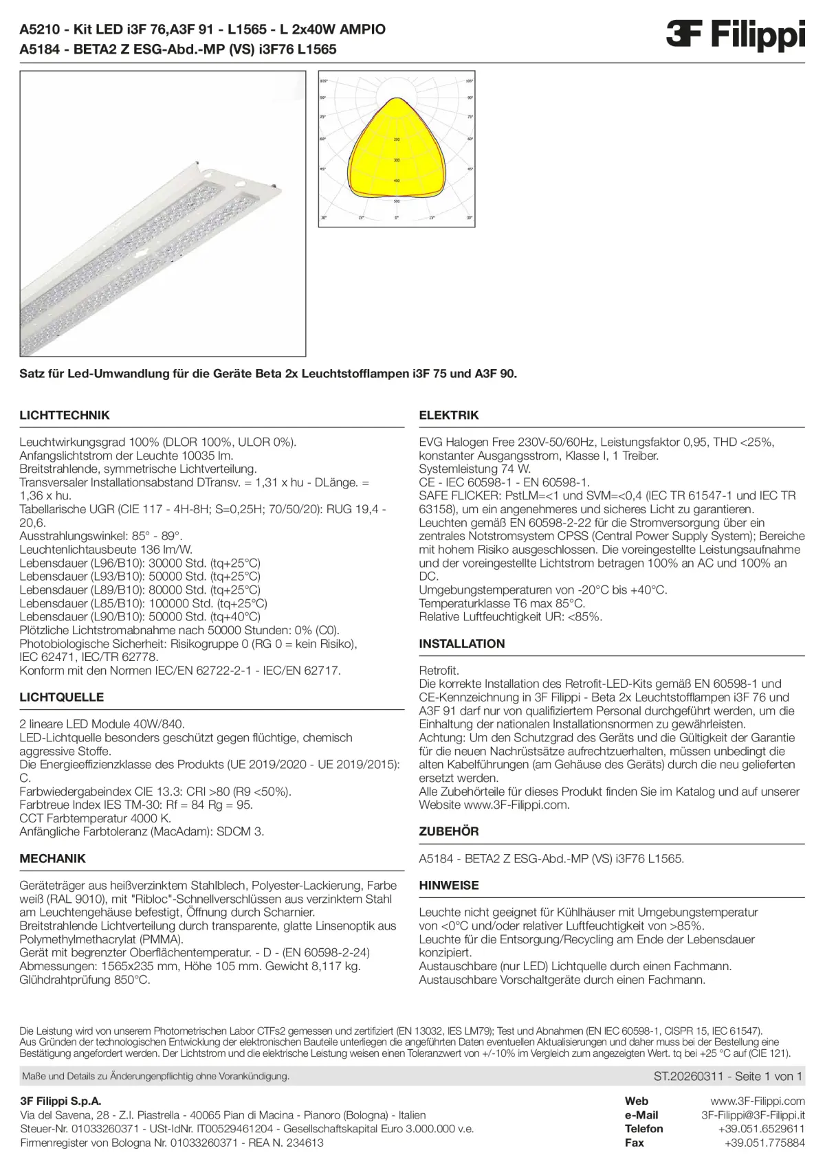 A5210+A5184 - Kit LED i3F 76,A3F 91 - L1565 - L 2x40W AMPIO + VS - Datasheet - de