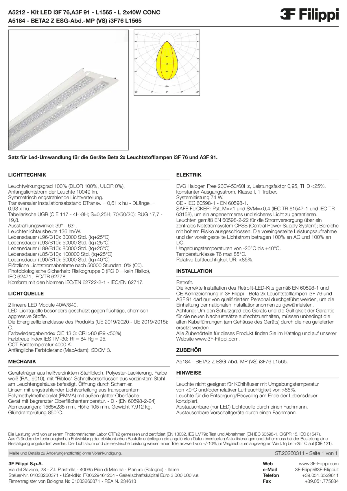 A5212+A5184 - Kit LED i3F 76,A3F 91 - L1565 - L 2x40W CONC + VS - Datasheet - de