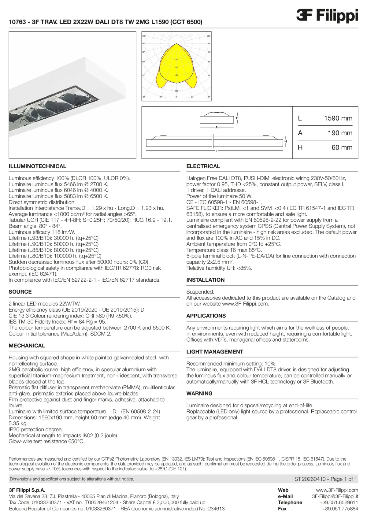 10763 - 3F TRAV. LED 2X22W DALI DT8 TW 2MG L1590 (CCT 6500) - Datasheet - en
