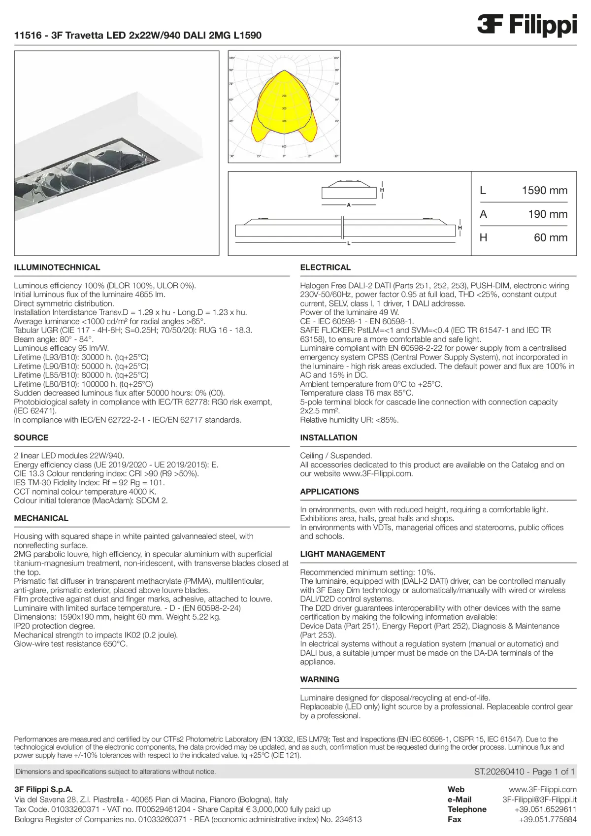 11516 - 3F Travetta LED 2x22W-940 DALI 2MG L1590 - Datasheet - en
