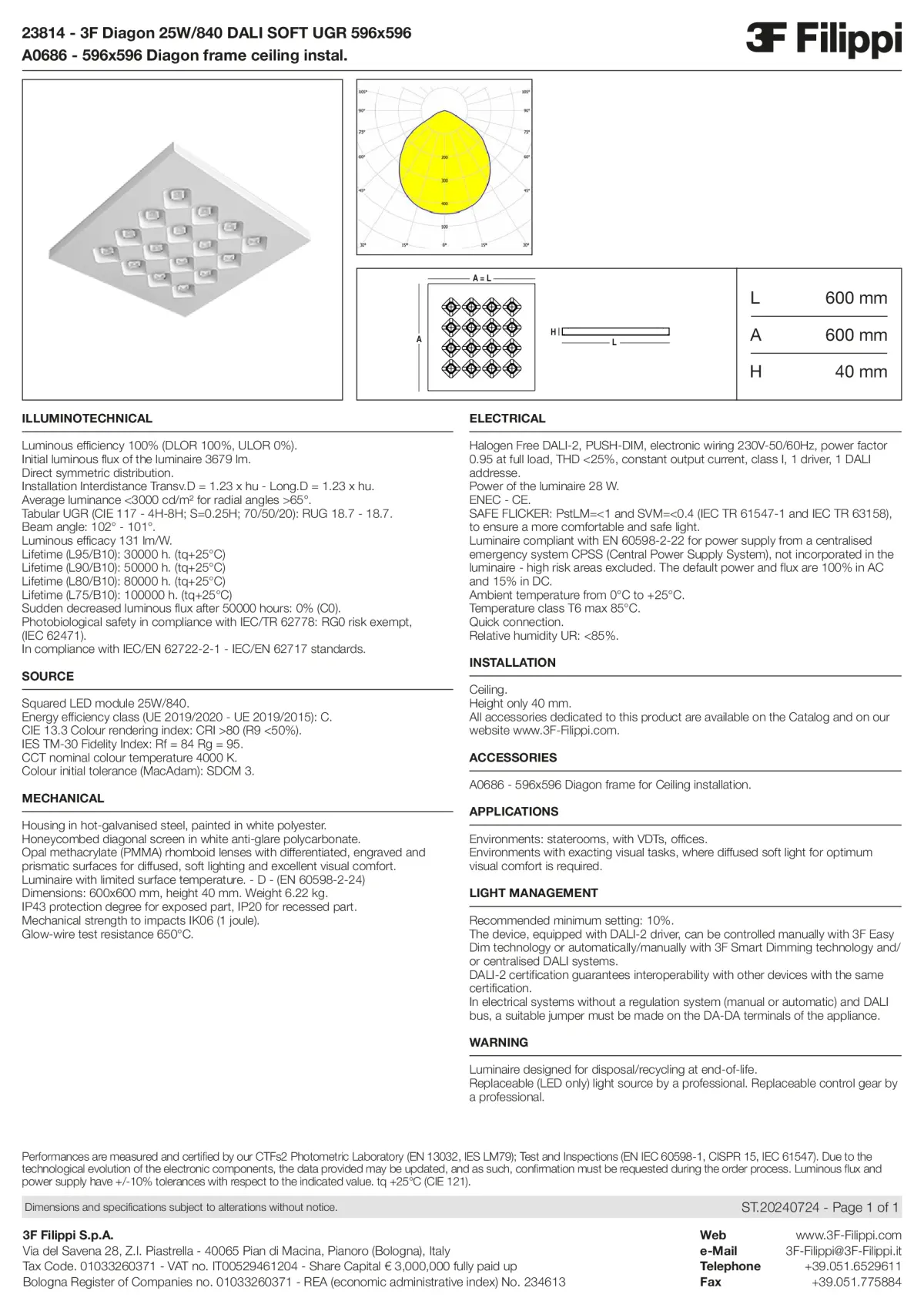 23814+A0686 - 3F Diagon 25W-840 DALI SOFT UGR 596x596 + Corn.plaf. - Datasheet - en