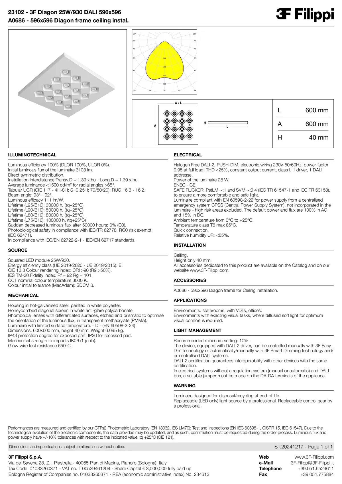 23102+A0686 - 3F Diagon 25W-930 DALI 596x596 + Corn.plaf. - Datasheet - en
