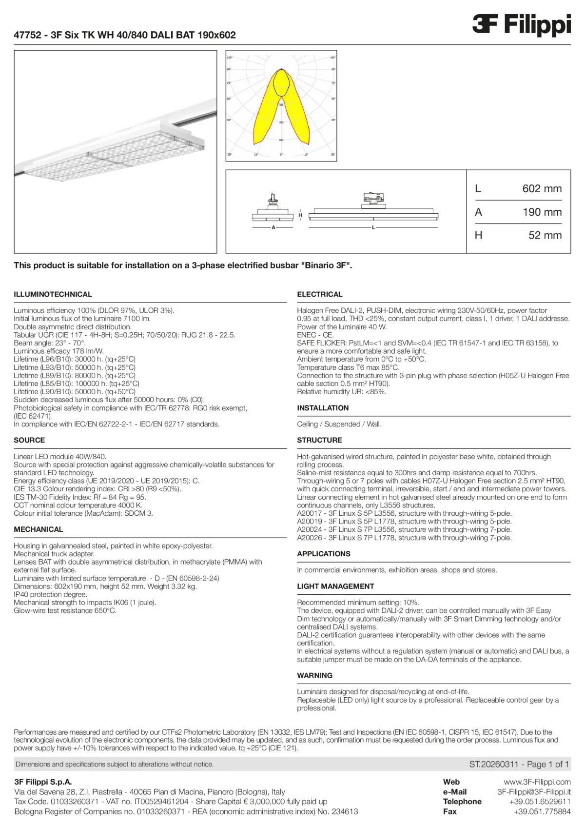 47752 - 3F Six TK WH 40-840 DALI BAT 190x602 - Datasheet - en