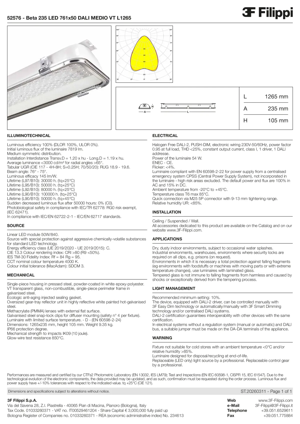 52576 - Beta 235 LED 761x50 DALI MEDIO VT L1265 - Datasheet - en