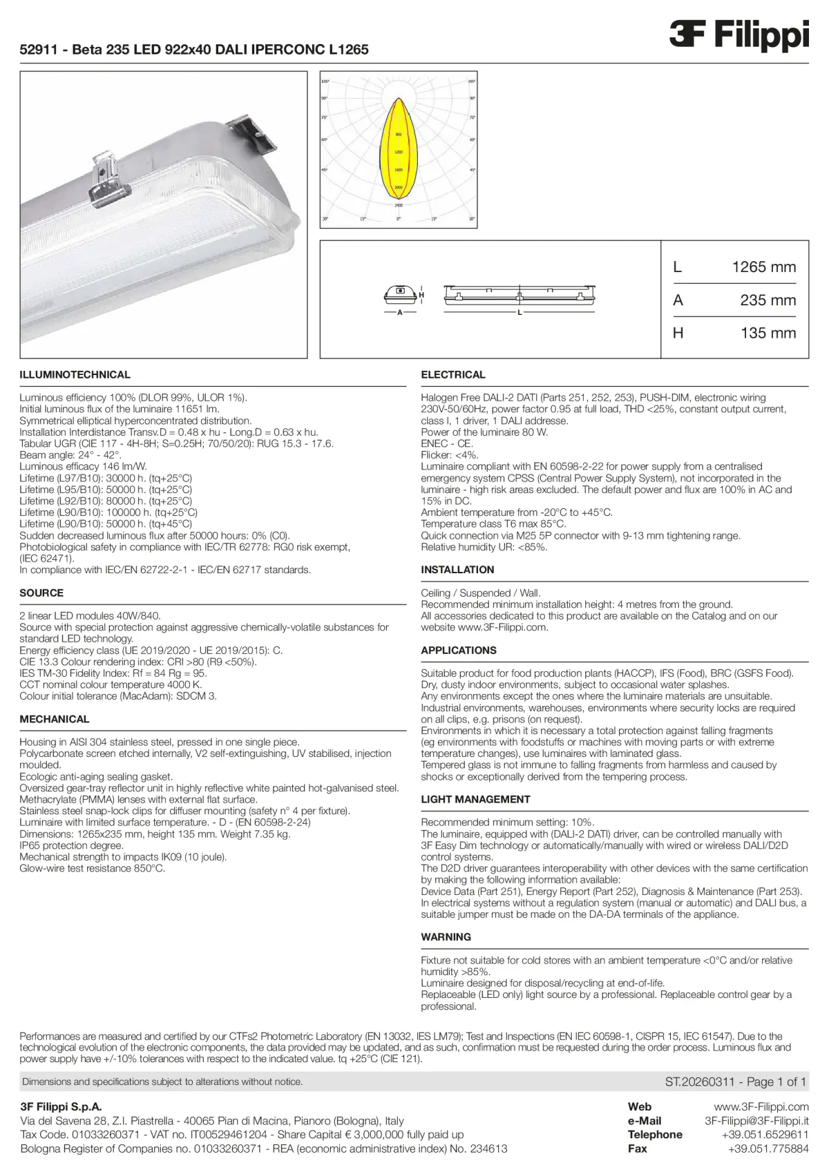 52911 - Beta 235 LED 922x40 DALI IPERCONC L1265 - Datasheet - en