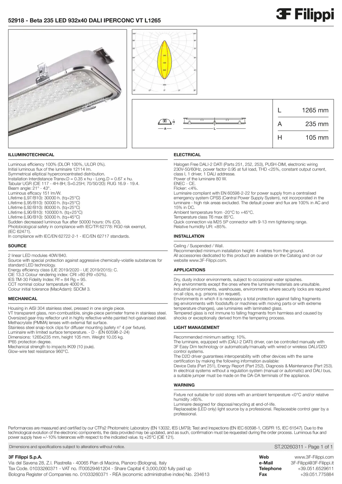 52918 - Beta 235 LED 932x40 DALI IPERCONC VT L1265 - Datasheet - en