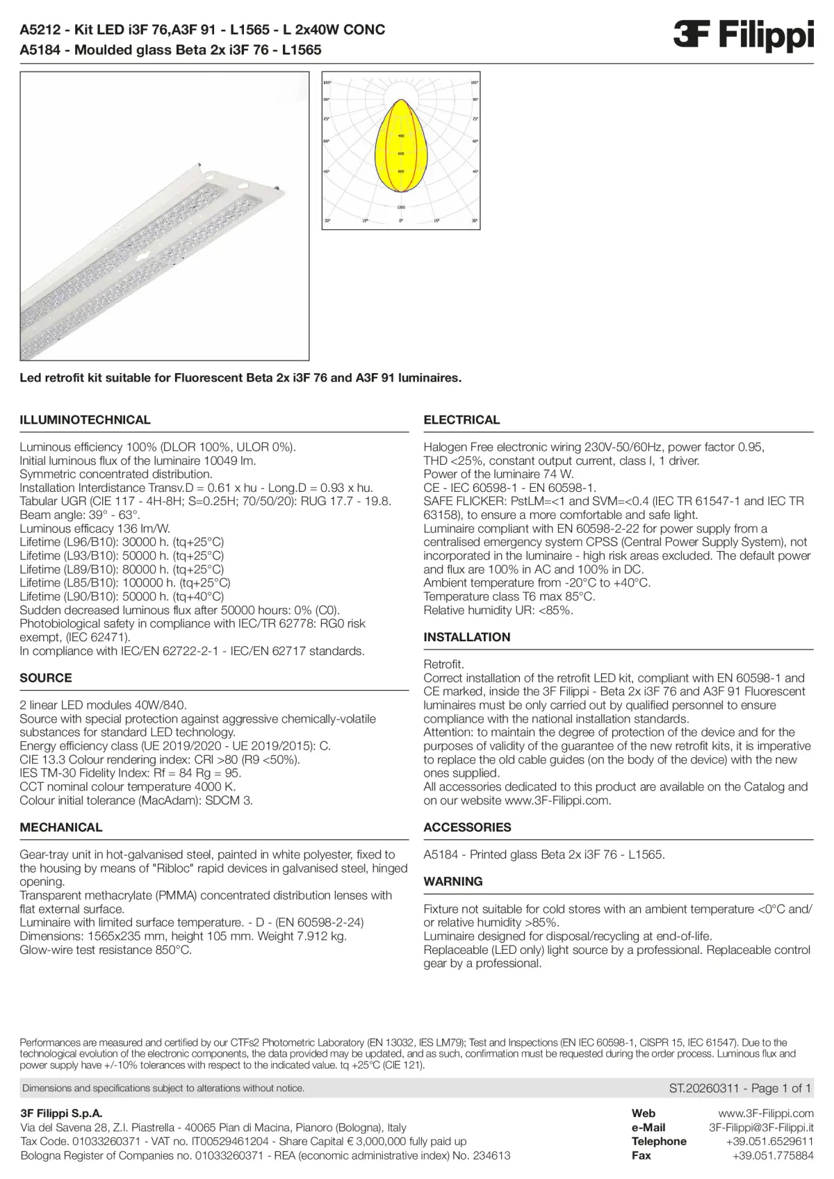 A5212+A5184 - Kit LED i3F 76,A3F 91 - L1565 - L 2x40W CONC + VS - Datasheet - en