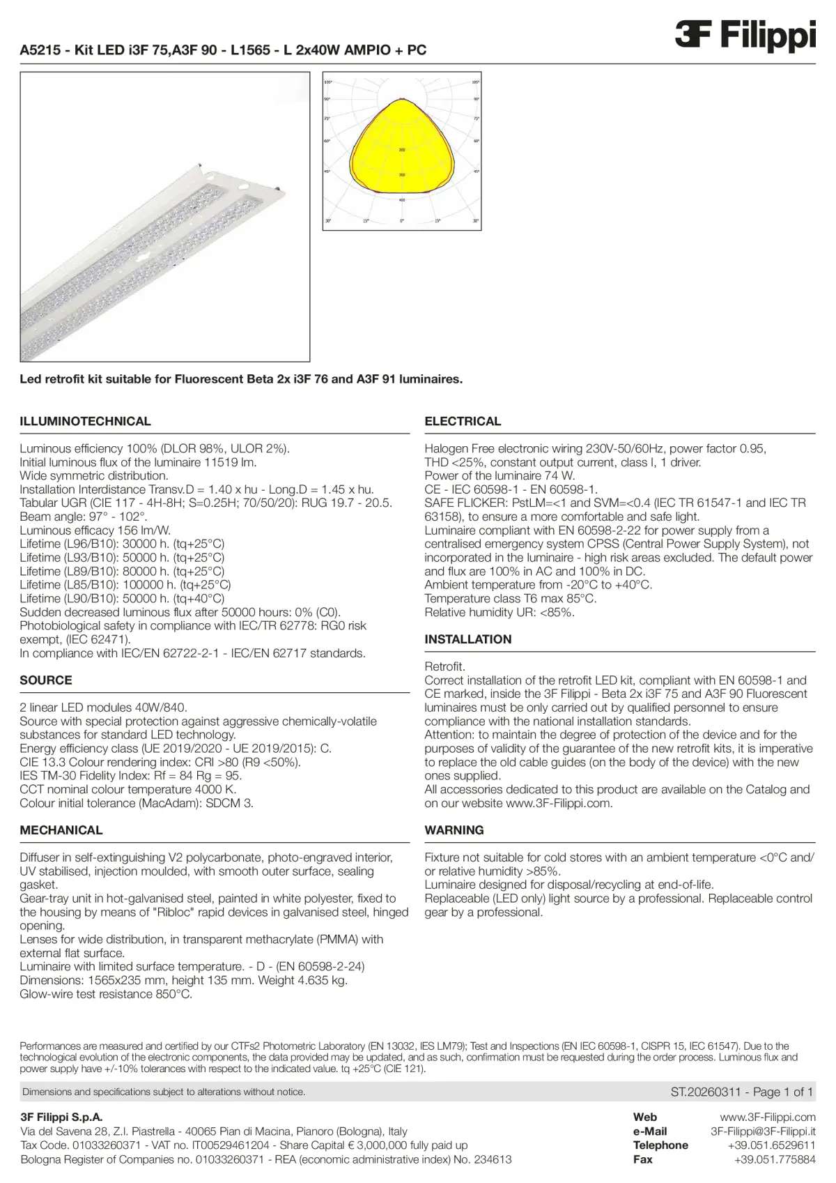 A5215 - Kit LED i3F 75,A3F 90 - L1565 - L 2x40W AMPIO + PC - Datasheet - en