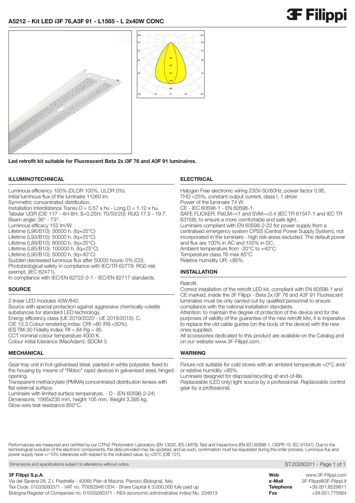 A5212 - Kit LED i3F 76,A3F 91 - L1565 - L 2x40W CONC - Datasheet - en