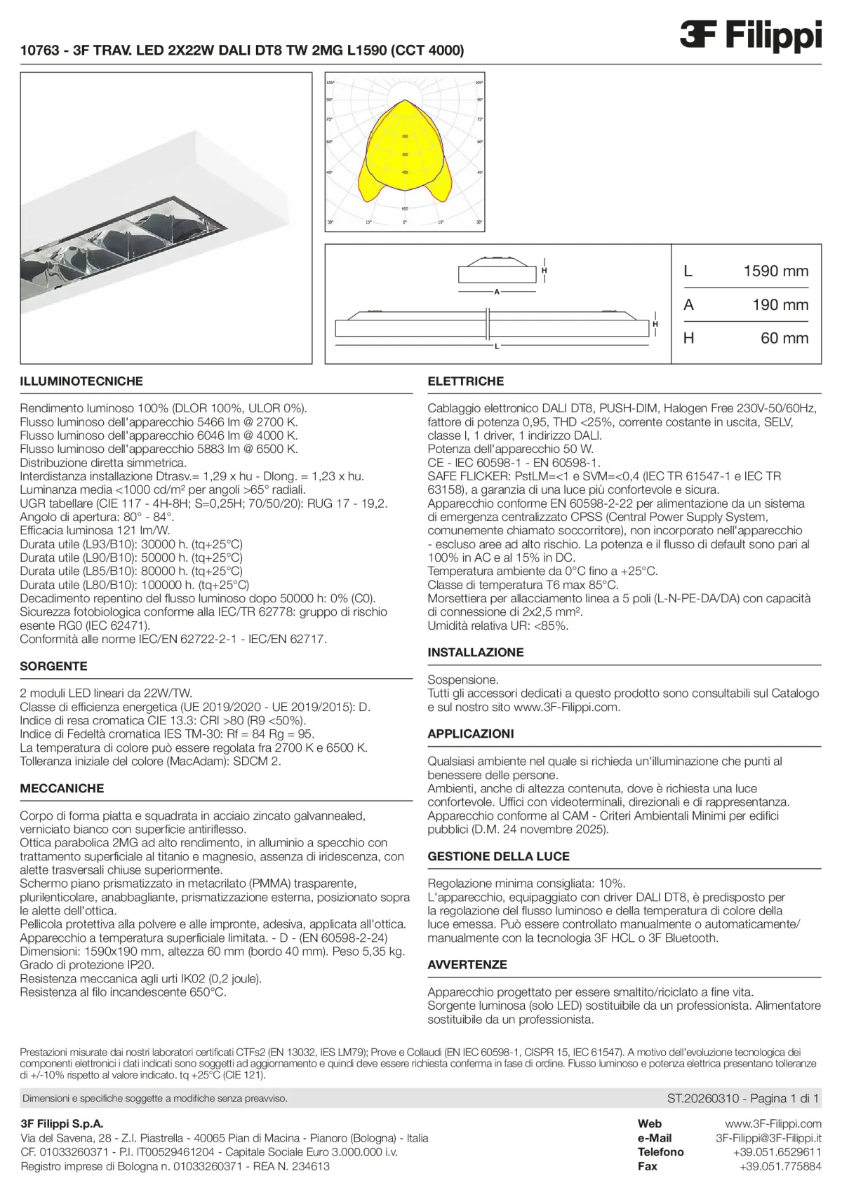 10763 - 3F TRAV. LED 2X22W DALI DT8 TW 2MG L1590 (CCT 4000) - Datasheet - it