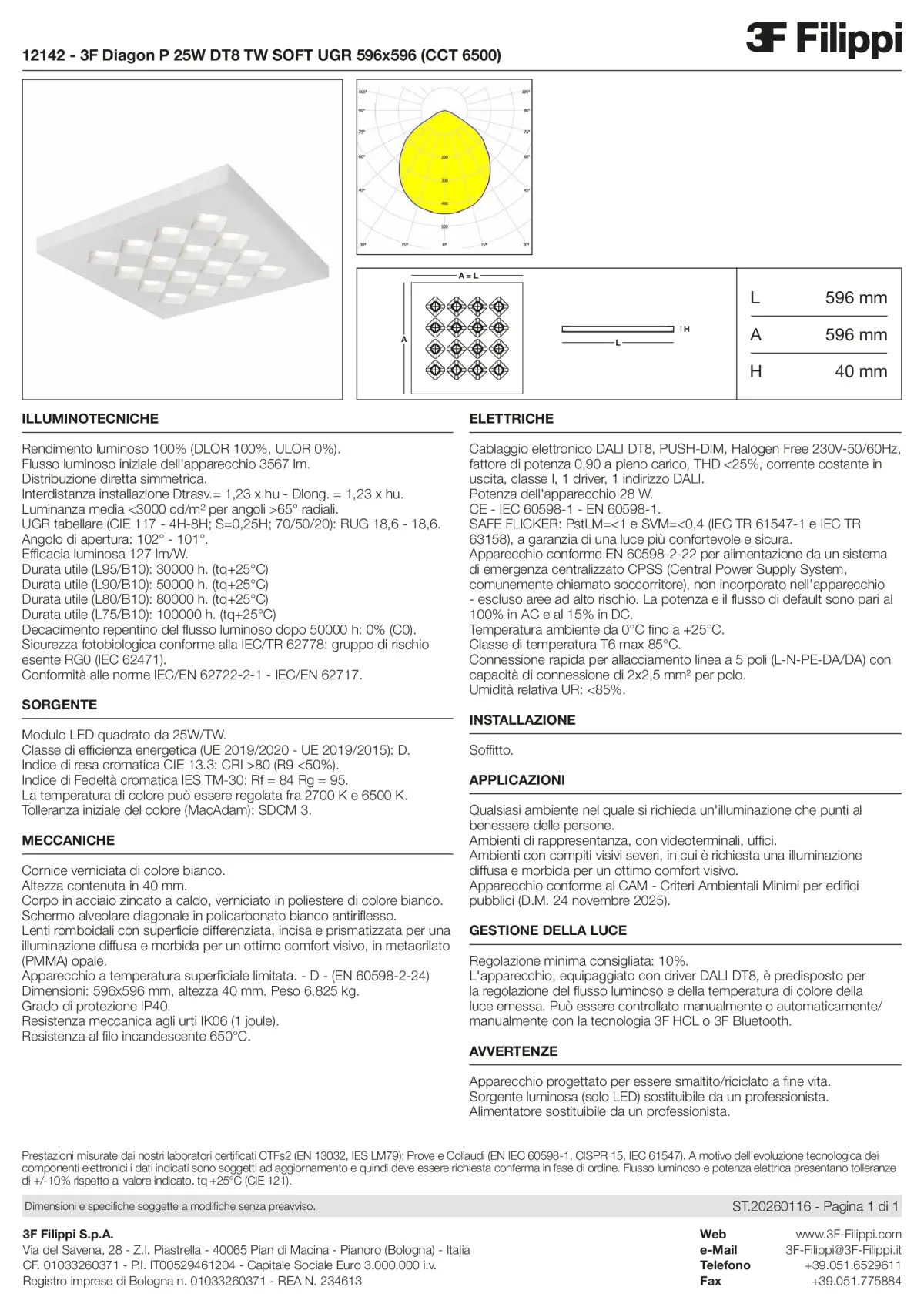 12142 - 3F Diagon P 25W DT8 TW SOFT UGR 596x596 (CCT 6500) - Datasheet - it