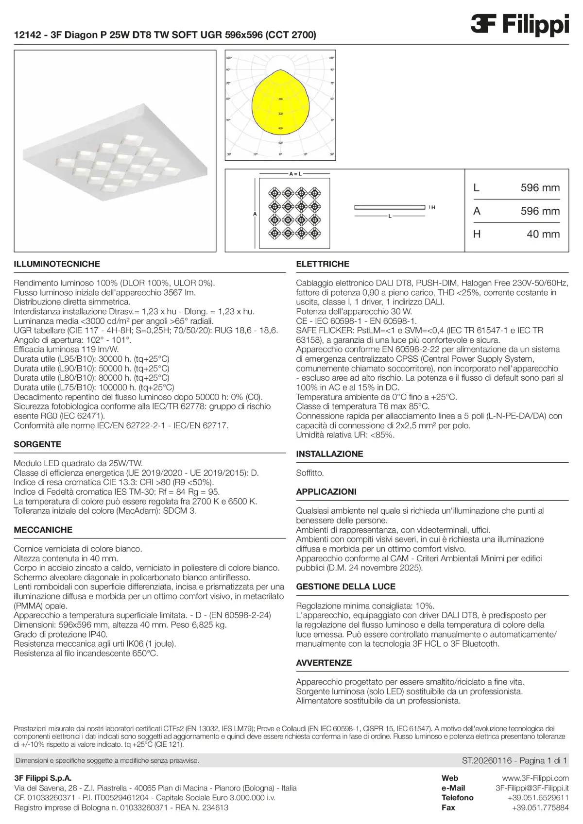 12142 - 3F Diagon P 25W DT8 TW SOFT UGR 596x596 (CCT 2700) - Datasheet - it