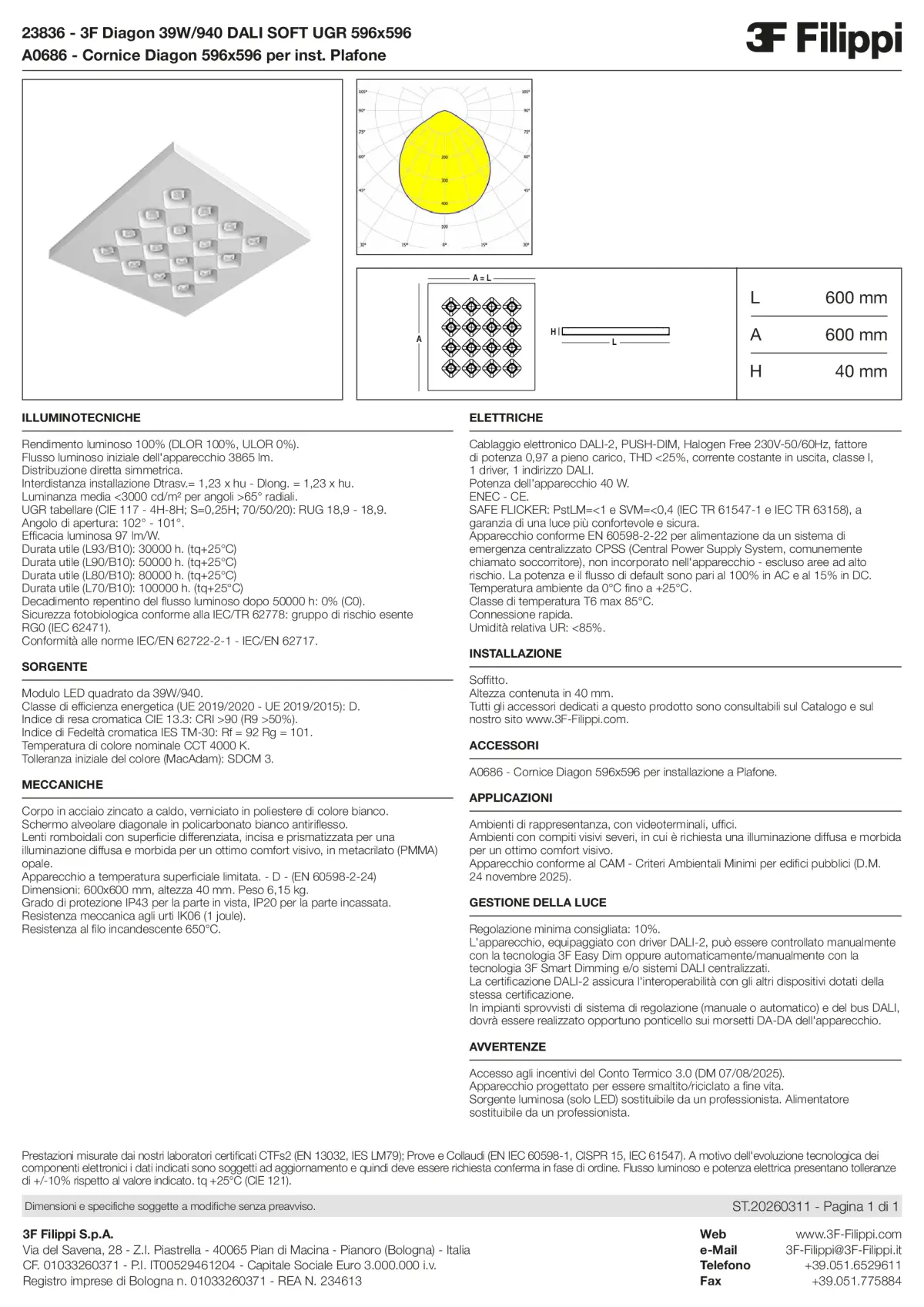 23836+A0686 - 3F Diagon 39W-940 DALI SOFT UGR 596x596 + Corn.plaf. - Datasheet - it