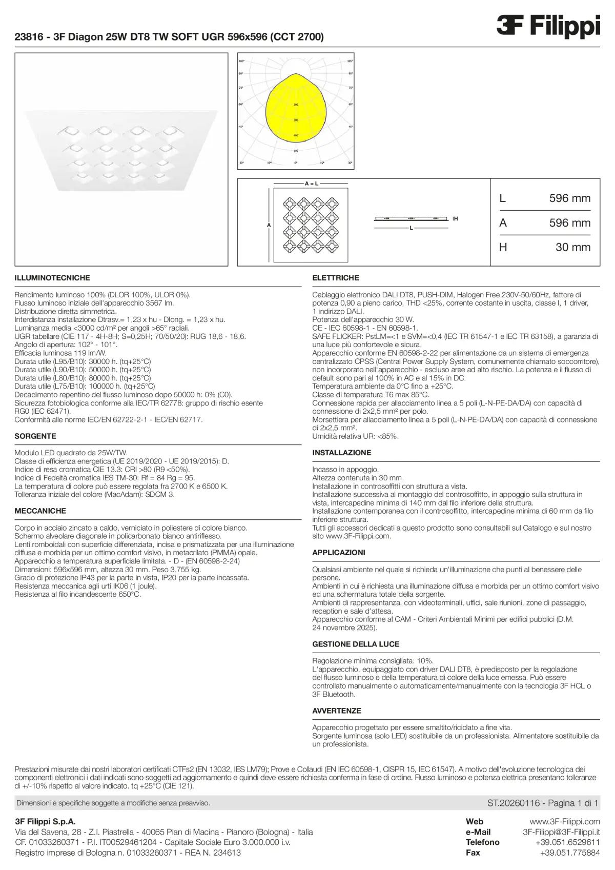 23816 - 3F Diagon 25W DT8 TW SOFT UGR 596x596 (CCT 2700) - Datasheet - it