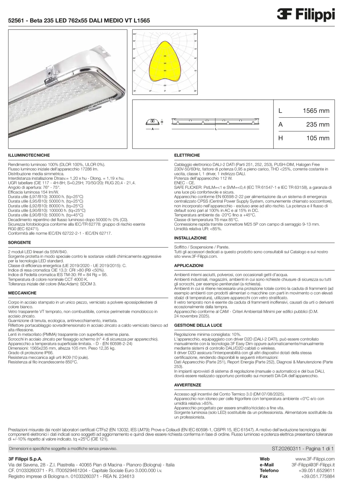 52561 - Beta 235 LED 762x55 DALI MEDIO VT L1565 - Datasheet - it