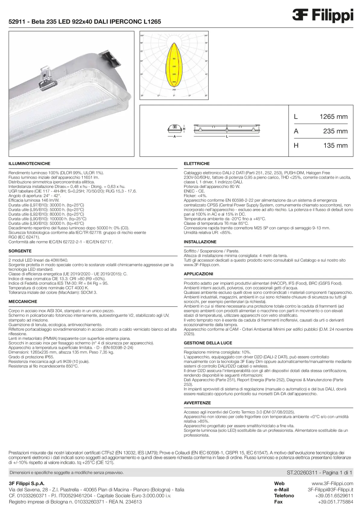 52911 - Beta 235 LED 922x40 DALI IPERCONC L1265 - Datasheet - it