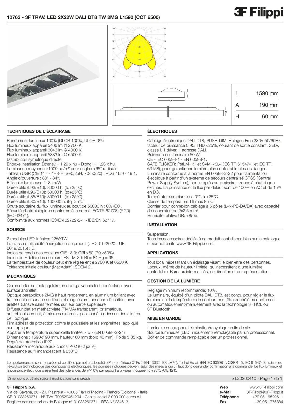 10763 - 3F TRAV. LED 2X22W DALI DT8 TW 2MG L1590 (CCT 6500) - Datasheet - fr